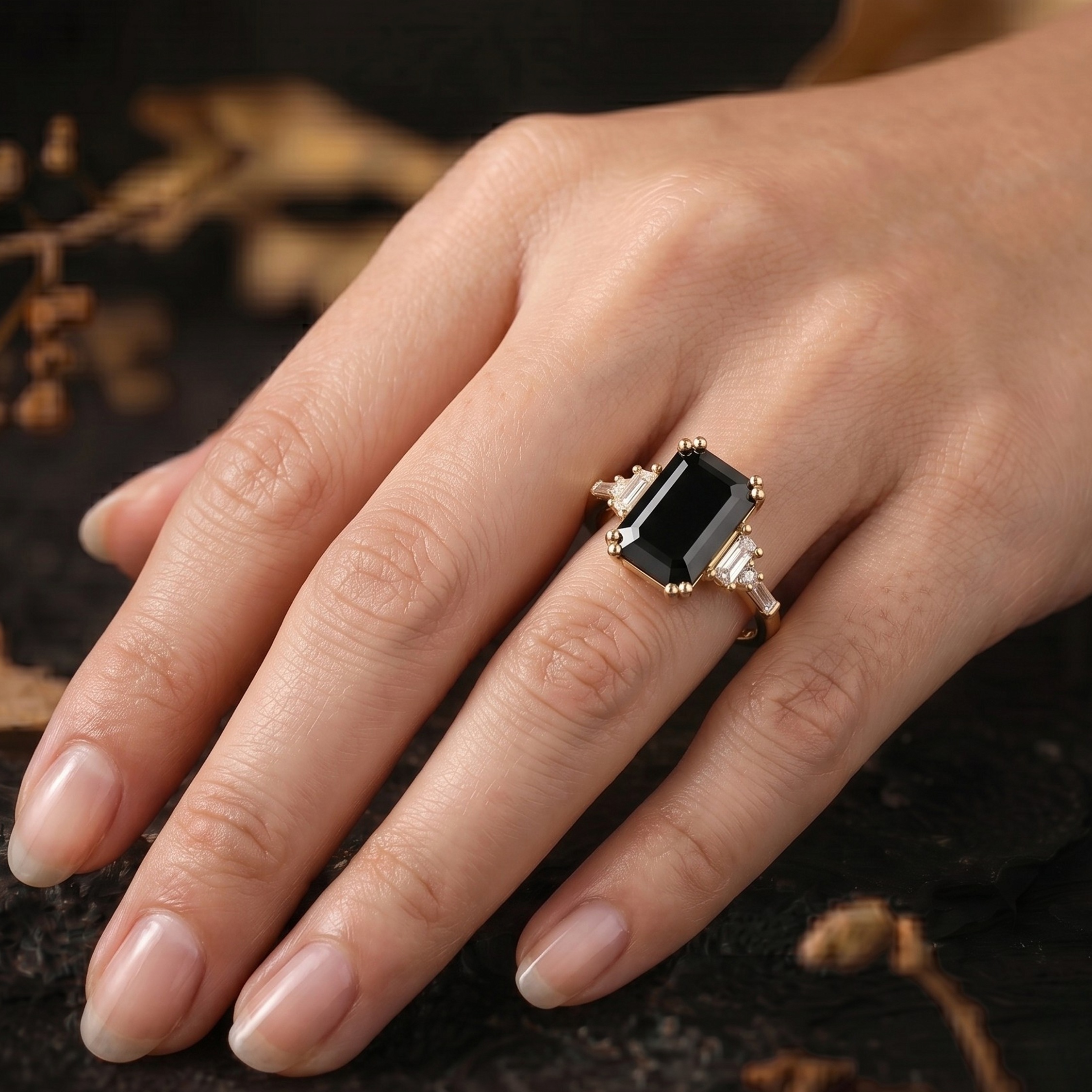 Genuine Emerald Cut Onyx Moissanite Ring, 14K December Birthstone Jewelry, Black Gemstone Engagement Ring, Anniversary Birthday gift for her