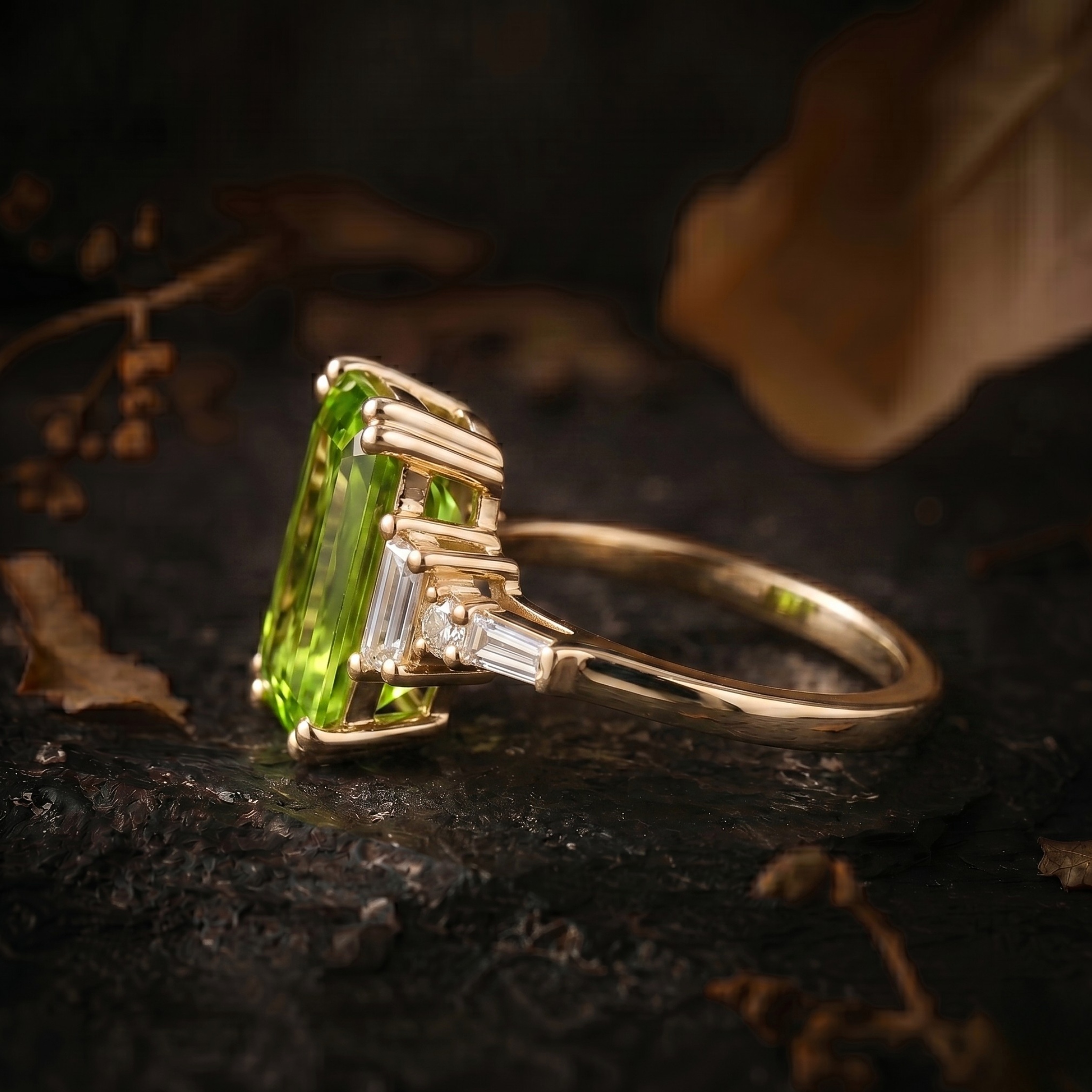 Genuine Emerald Cut Peridot Wedding Ring, 14K Gold Birthstone Jewelry, Moissanite Bridal Engagement Ring, Anniversary Birthday gift for her