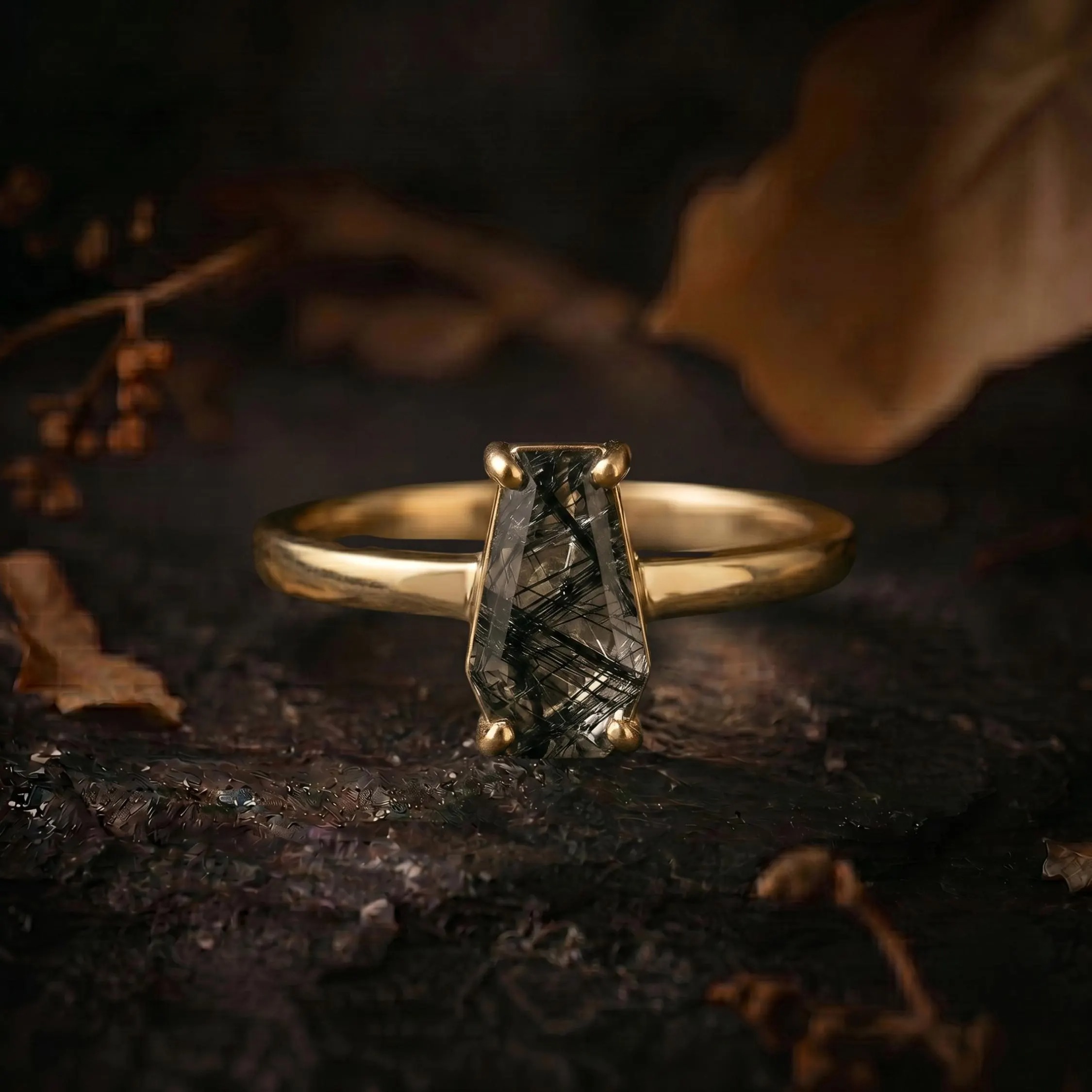 Vintage Coffin Cut Black Rutile Quartz Engagement Ring, Unique Handmade Art deco Gold Wedding Ring Bridal Promise Ring Birthday Gift For Her