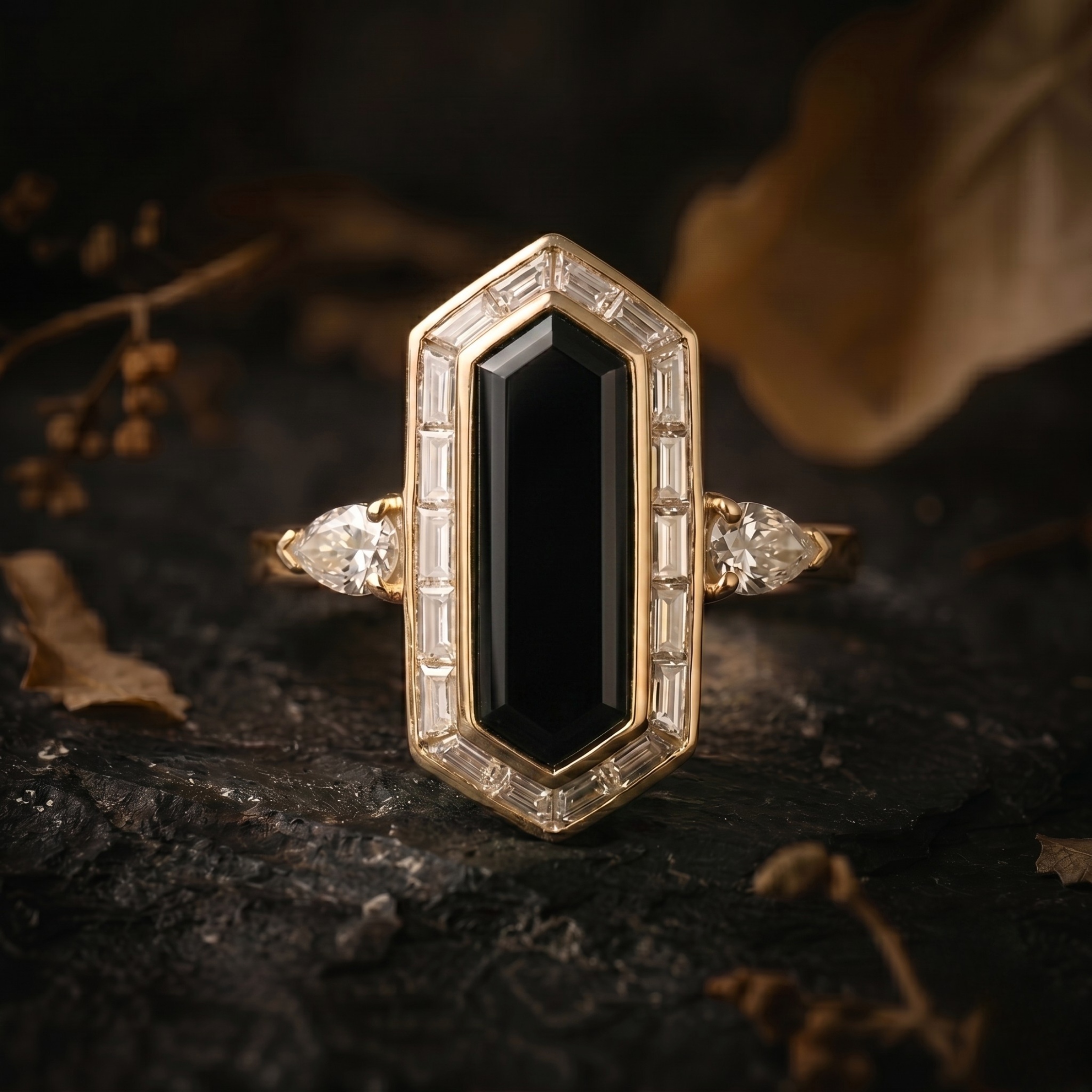 Vintage Art Deco Hexagon Cut Black Onyx Moissanite Cluster Ring, Unique Promise Statement Jewelry, Black Gemstone Anniversary Gift For Women