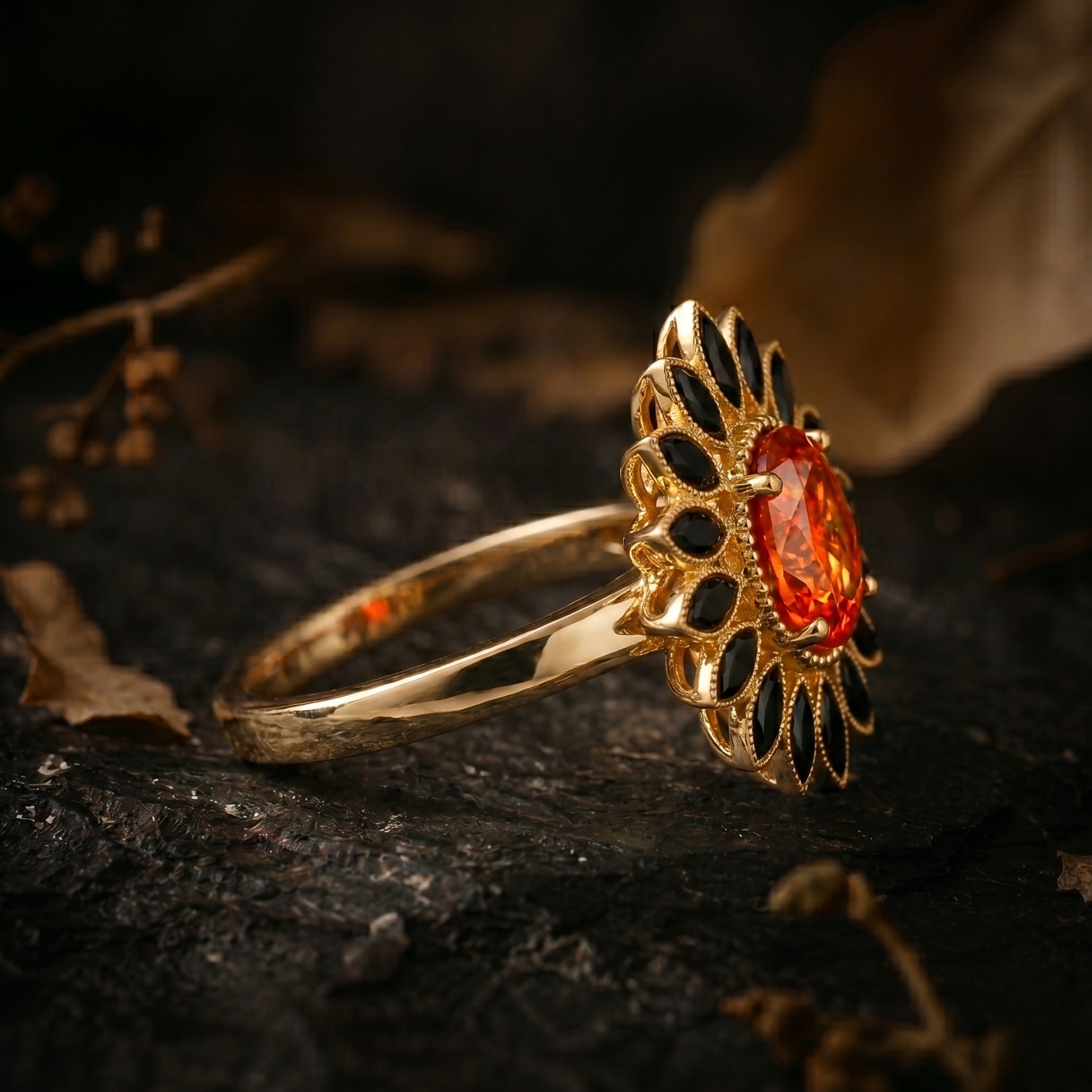 Vintage Oval Sunstone Onyx Flower Ring, Floral Halo Gold Engagement Ring, Black Onyx Spring Summer Trend June Birthstone Boho Gift For Women