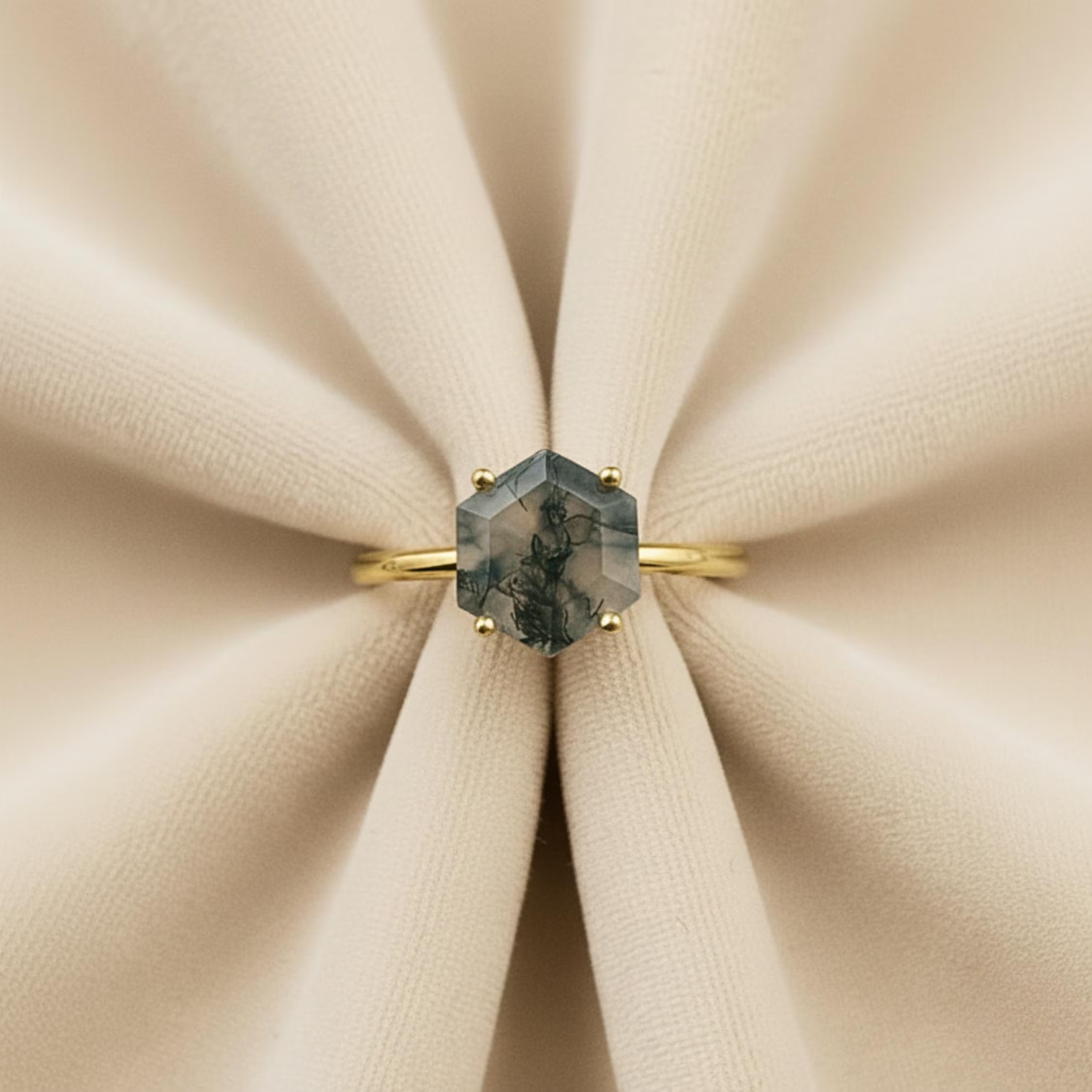 Hexagon Moss Agate Ring, 14k Gold Engagement Ring, Green Gemstone Ring Vintage Promise Ring, Art Deco Dainty Solitaire Ring Anniversary Gift