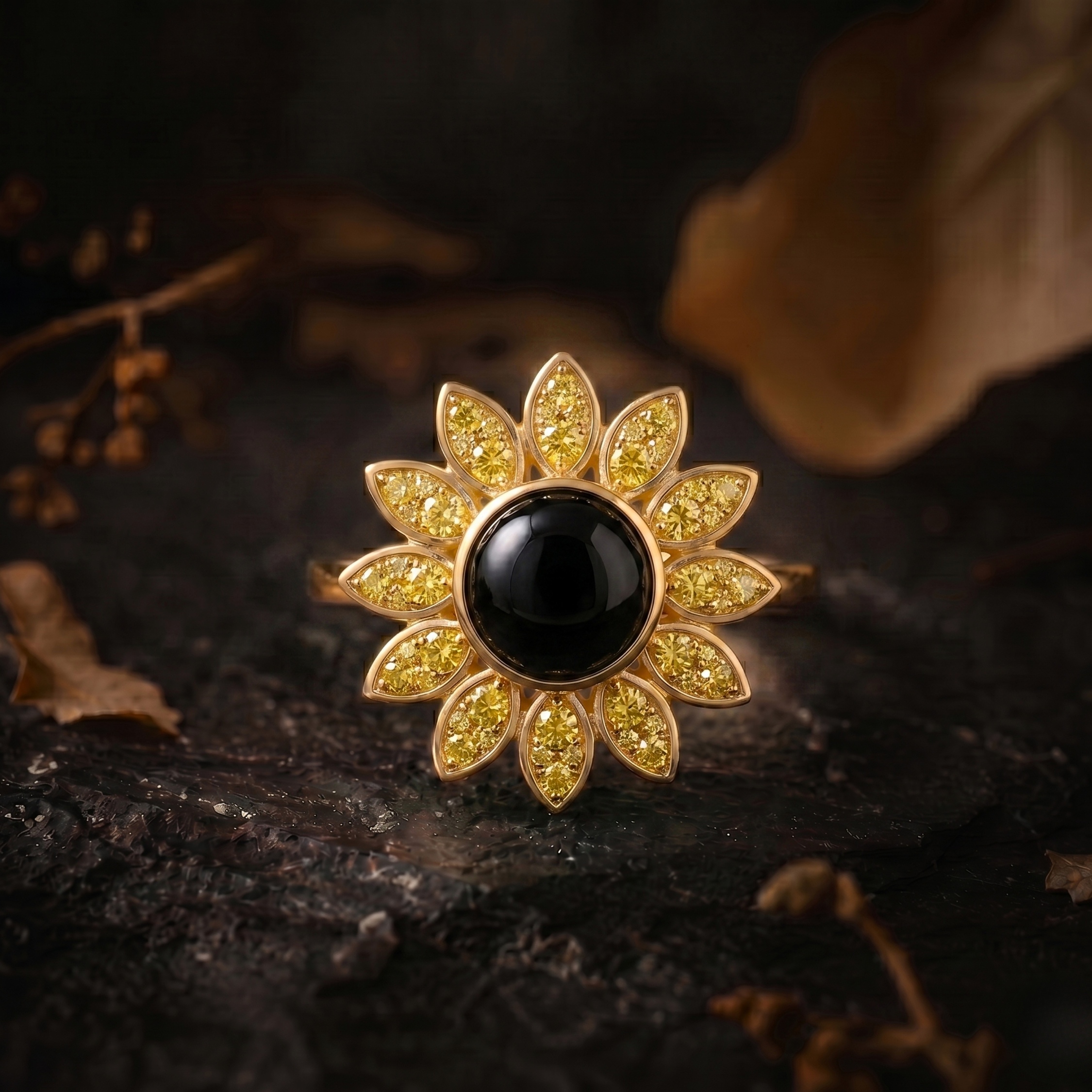 Vintage Black Onyx Diamond Flower Gold Ring, Sunflower Inspired Boho Statement Jewelry, Yellow Diamond Floral Halo Spring Summer Trend Ring