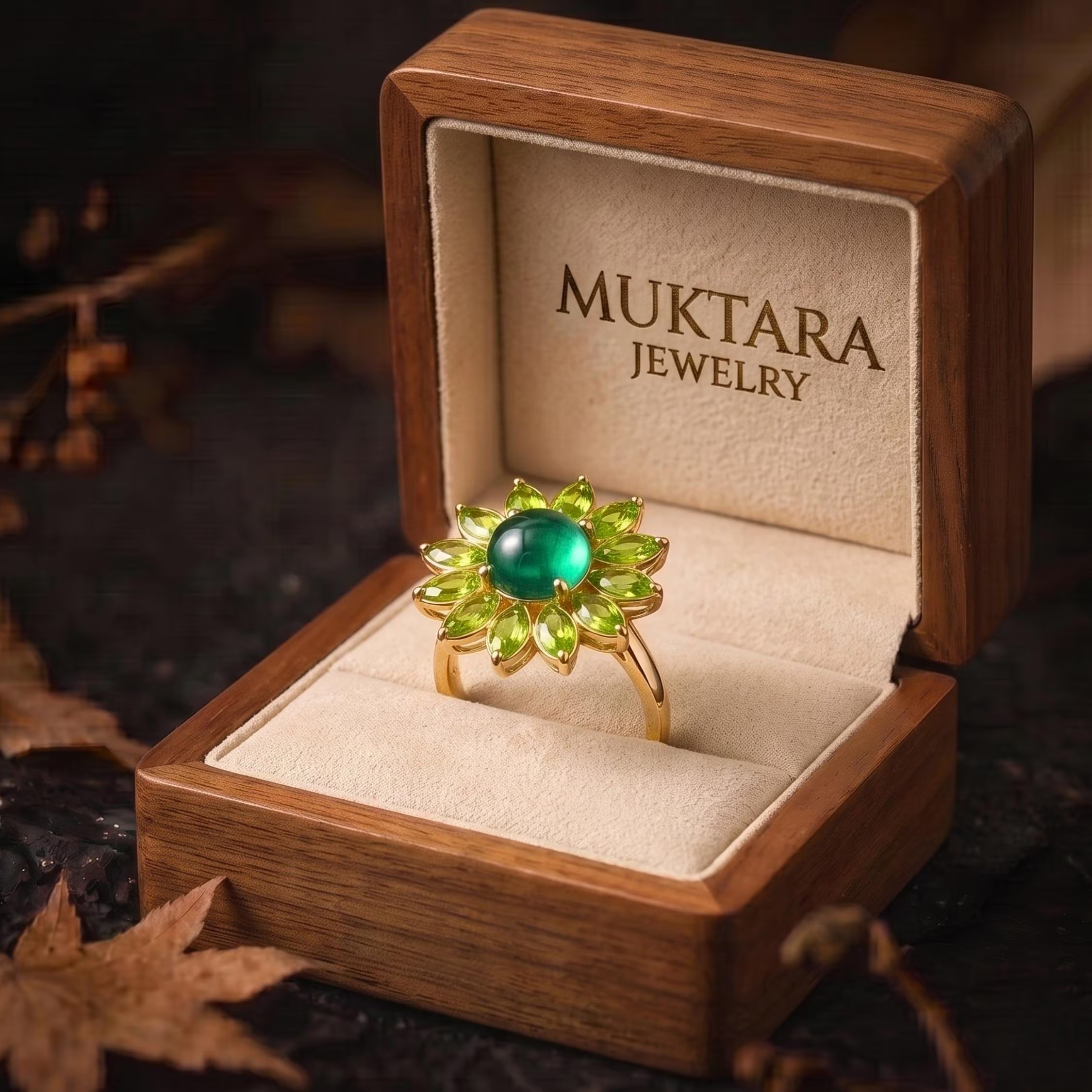 Vintage Art Deco Green Emerald Peridot Flower Halo Engagement Ring, Handmade Nature Inspired Women Jewelry, Fine Green Stone Gift For Women