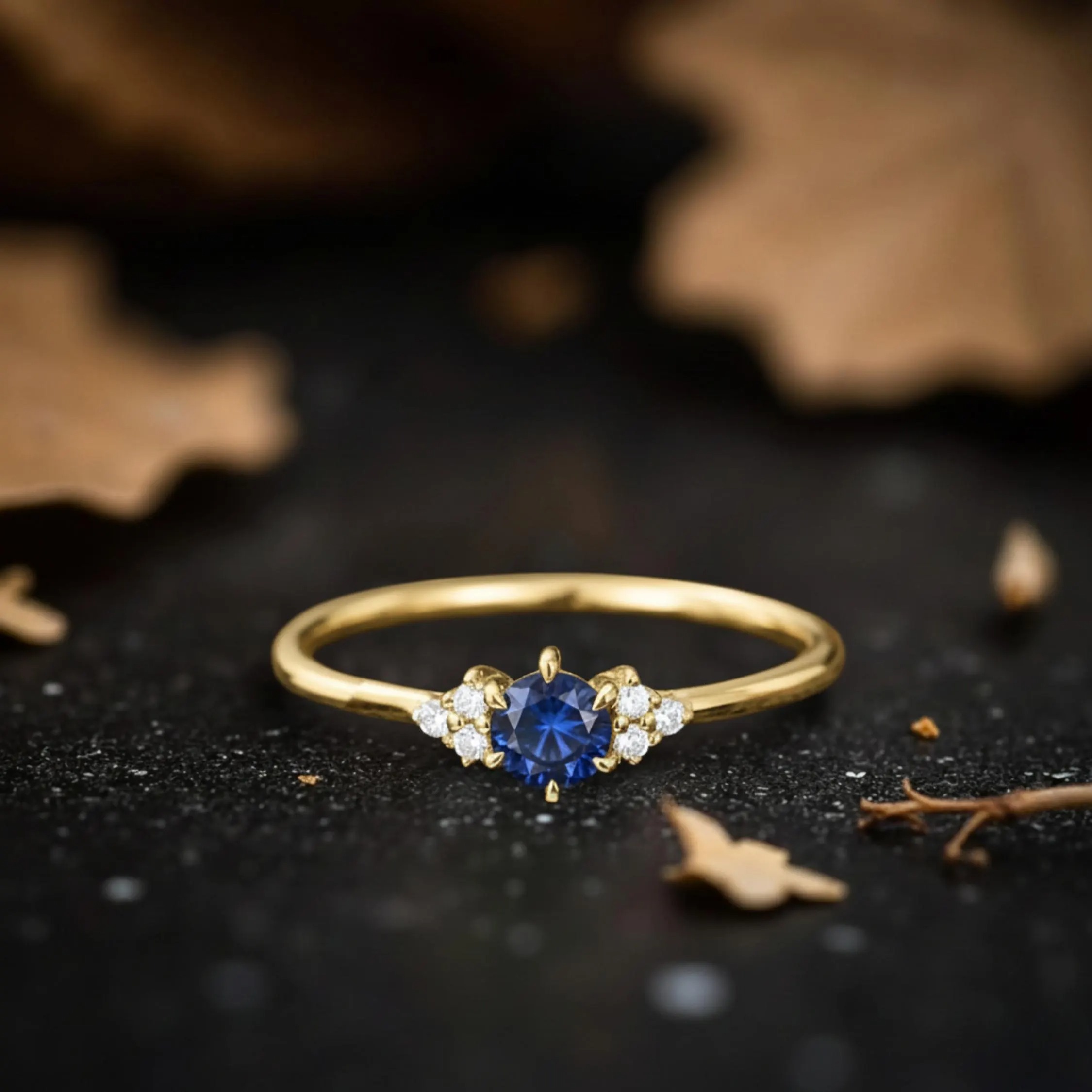 14k Rose Gold Sapphire Engagement Ring, Dainty Blue Gemstone with Moissanite Minimalist Anniversary Gift for Women, September Birthstone