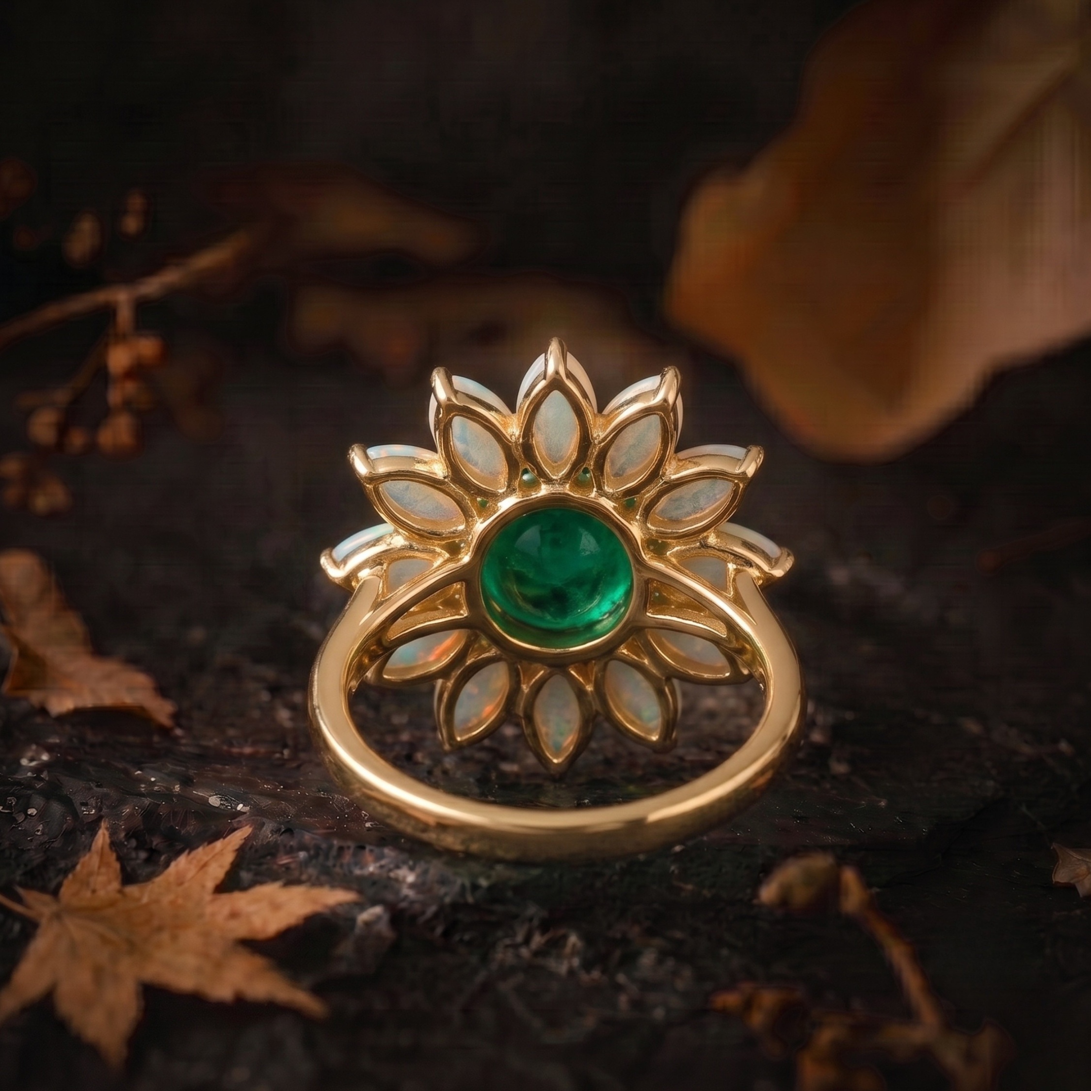Vintage Garnet Opal Wedding Ring, Nature Inspired Floral Cluster Ring for Her October Birthstone Gift, 14K Gold Emerald Jewelry Gift For Her