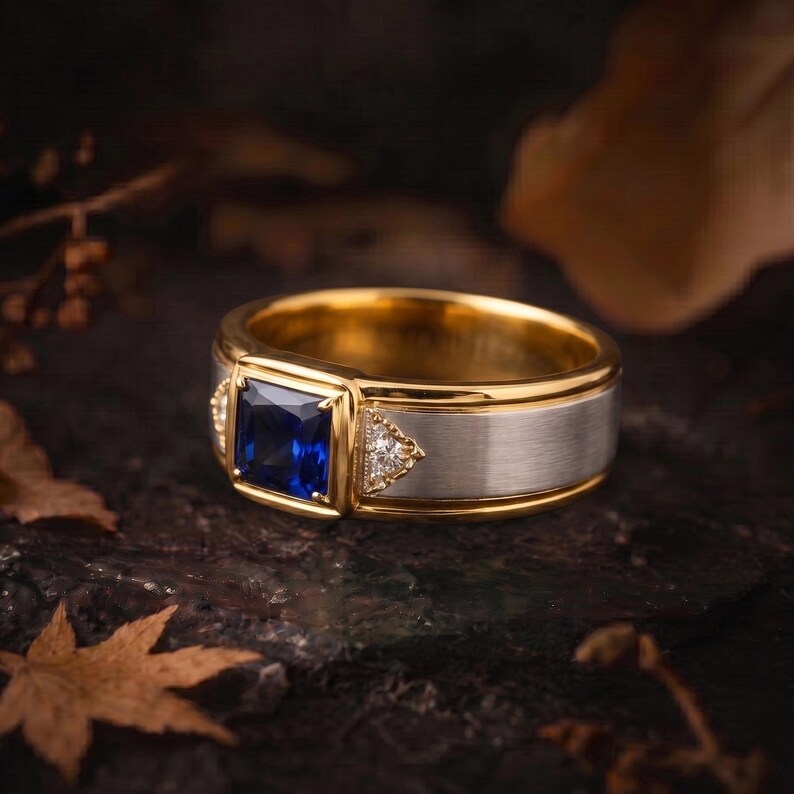 Vintage Art Deco Square Cut Blue Sapphire Moissanite Engagement Ring, Unique Gold Silver Men Ring Retro Moissanite Wedding Ring Gift For Him
