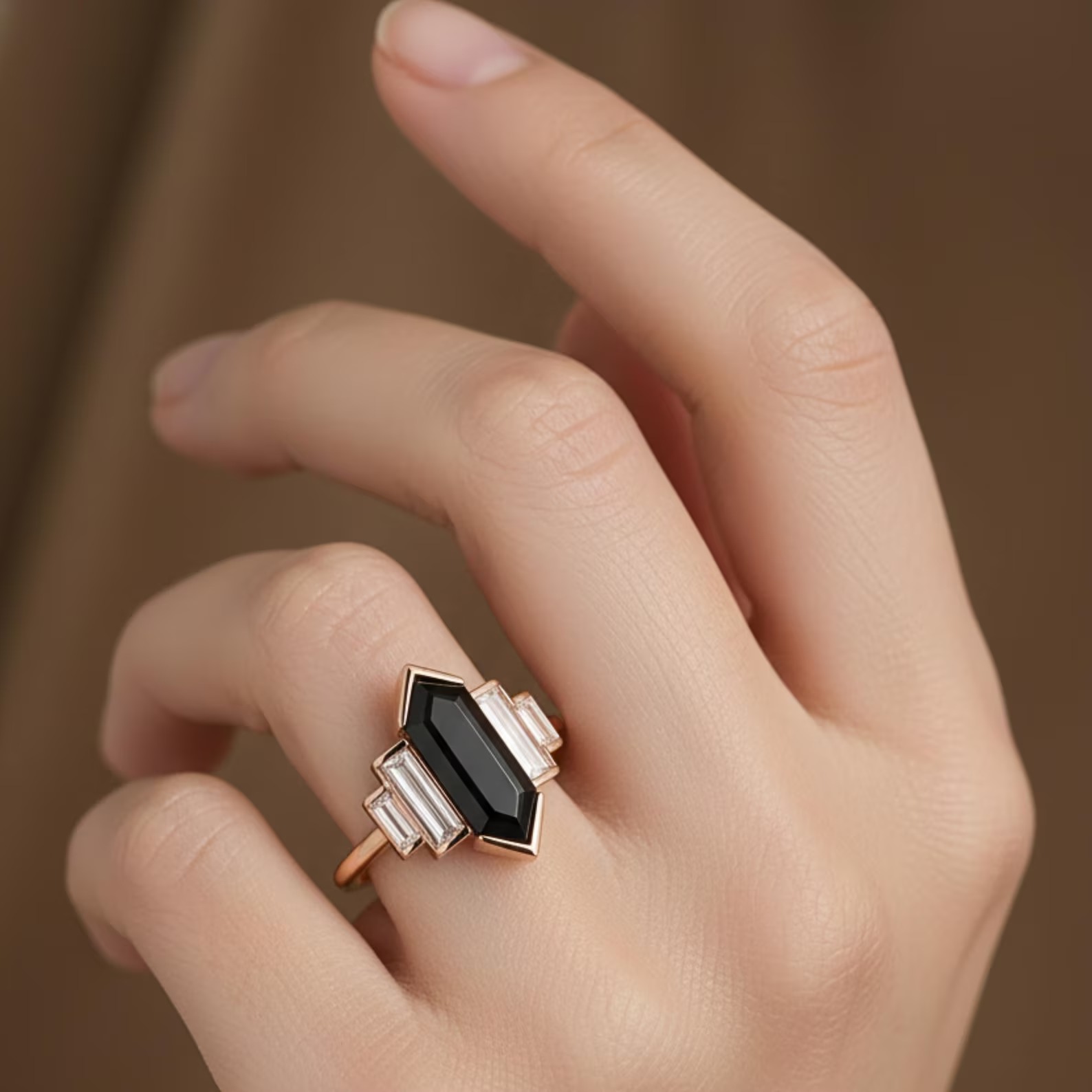 Vintage Art Deco Emerald Cut Green Tourmaline Peridot Ring, Unique Rose Gold Engagement Ring, Geometric Statement Wedding Ring, Gift For Her