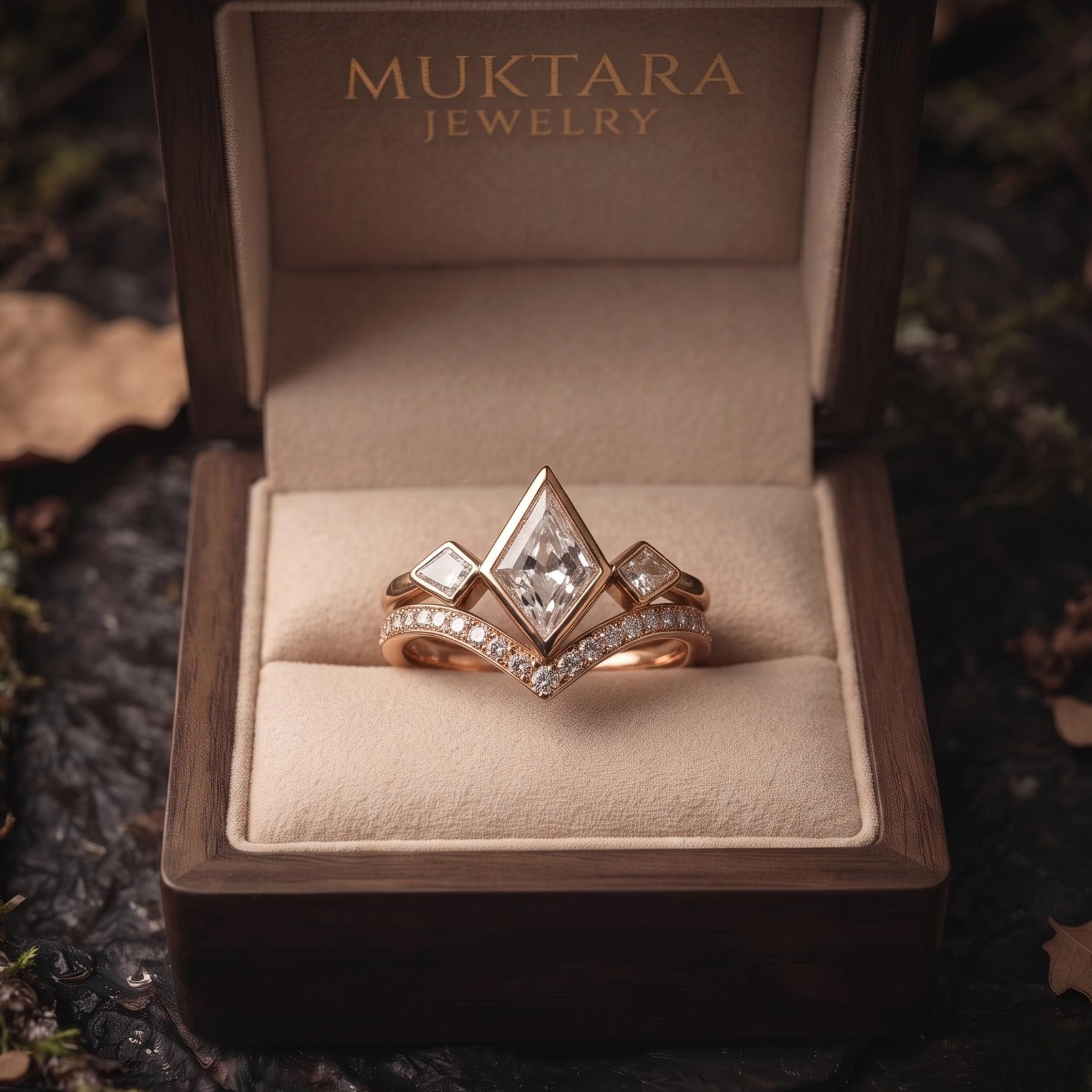 Vintage Kite Cut Moissanite Engagement Ring Set 14k Yellow Gold Bridal Ring Set Diamond Cluster Wedding Stacking Band Promise ring set Gift