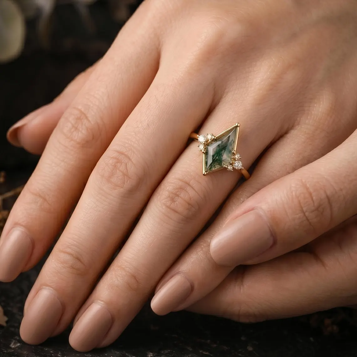 Unique Kite Cut Green Moss Agate Engagement Ring, 14k Yellow Gold Moissanite Cluster Ring For Women Vintage Bridal Wedding Ring Gift For Her