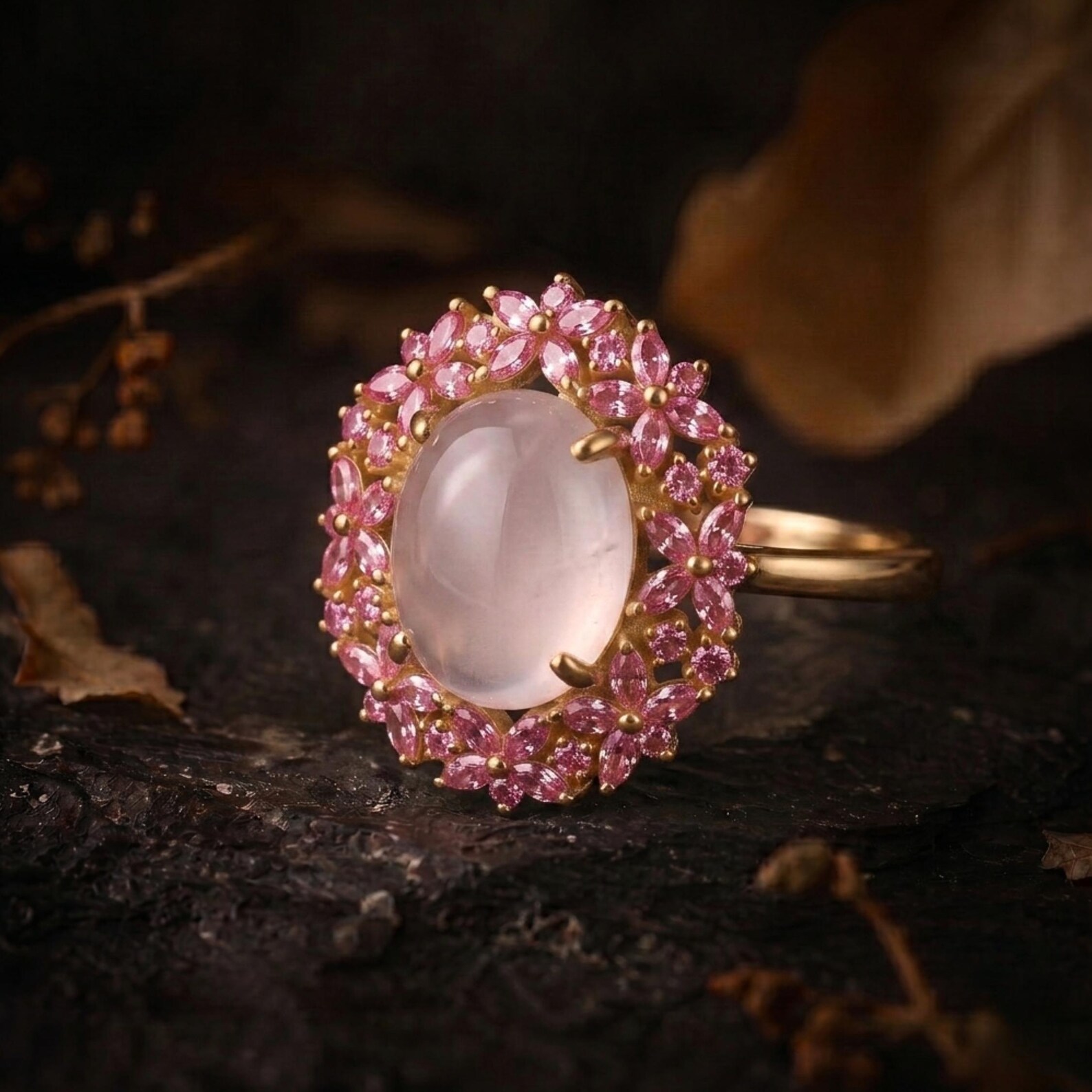 Unique Marquise Cut Flower Pink Sapphire Engagement Ring, Rose Quartz Floral Twist Promise Ring, Pink Gemstone, Leaf Design Nature Ring Gift