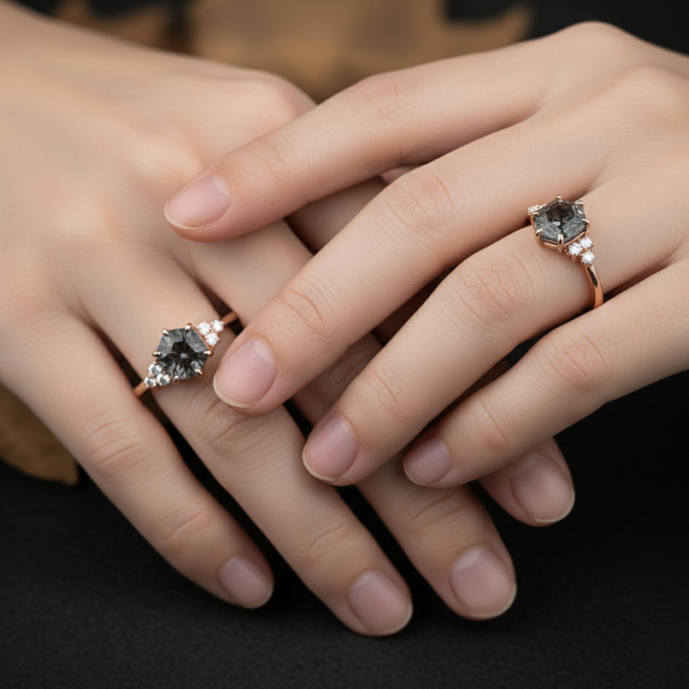 Hexagon Natural Black Rutile Quartz Gemstone Engagement Ring, Beautiful Rose Gold Anniversary Bridal Ring, Solitaire Women Promise Ring Gift