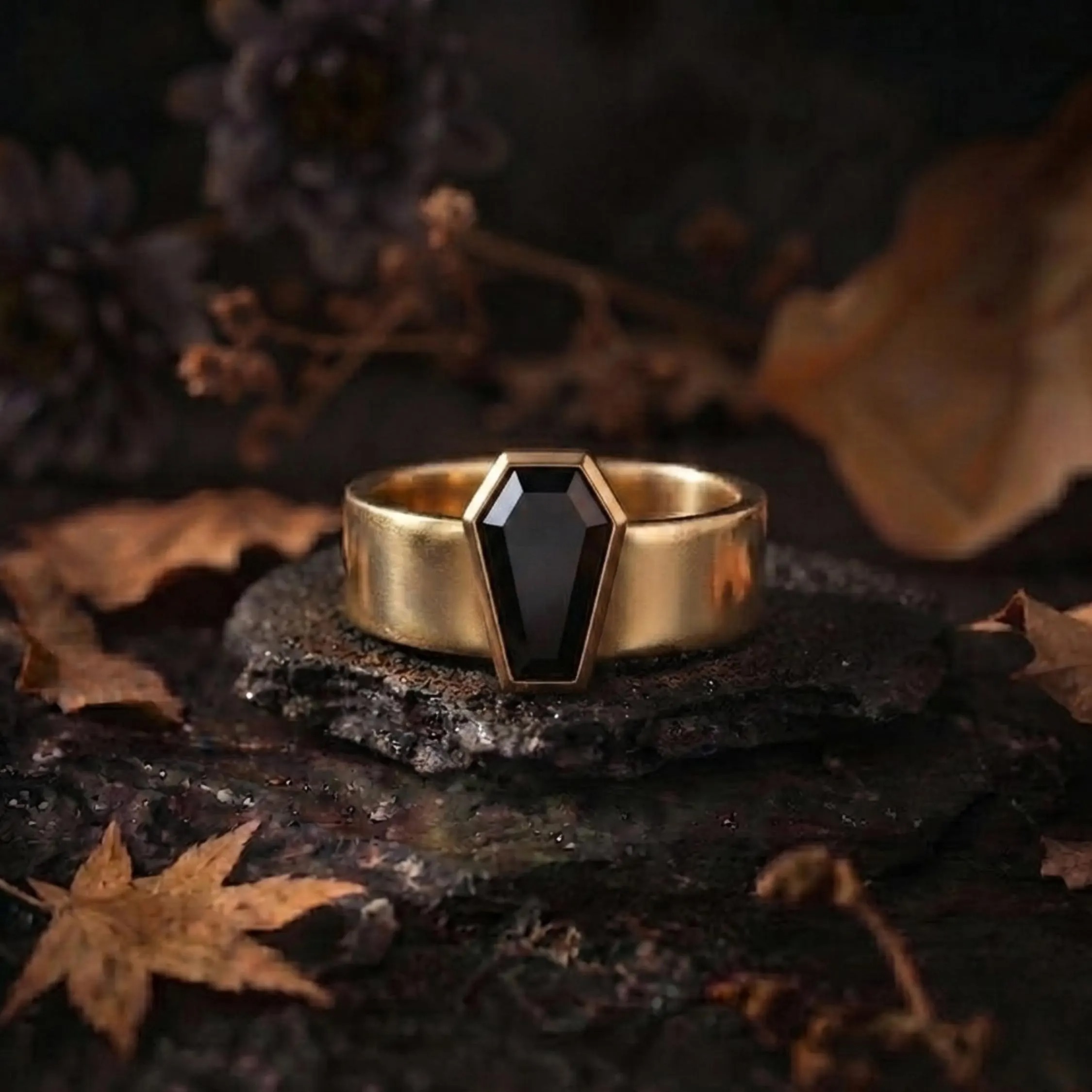 Vintage Art Deco Coffin Cut Black Onyx Engagement Ring, Unique Promise Statement Wedding Jewelry, Black Gemstone Wide Band Anniversary Gift