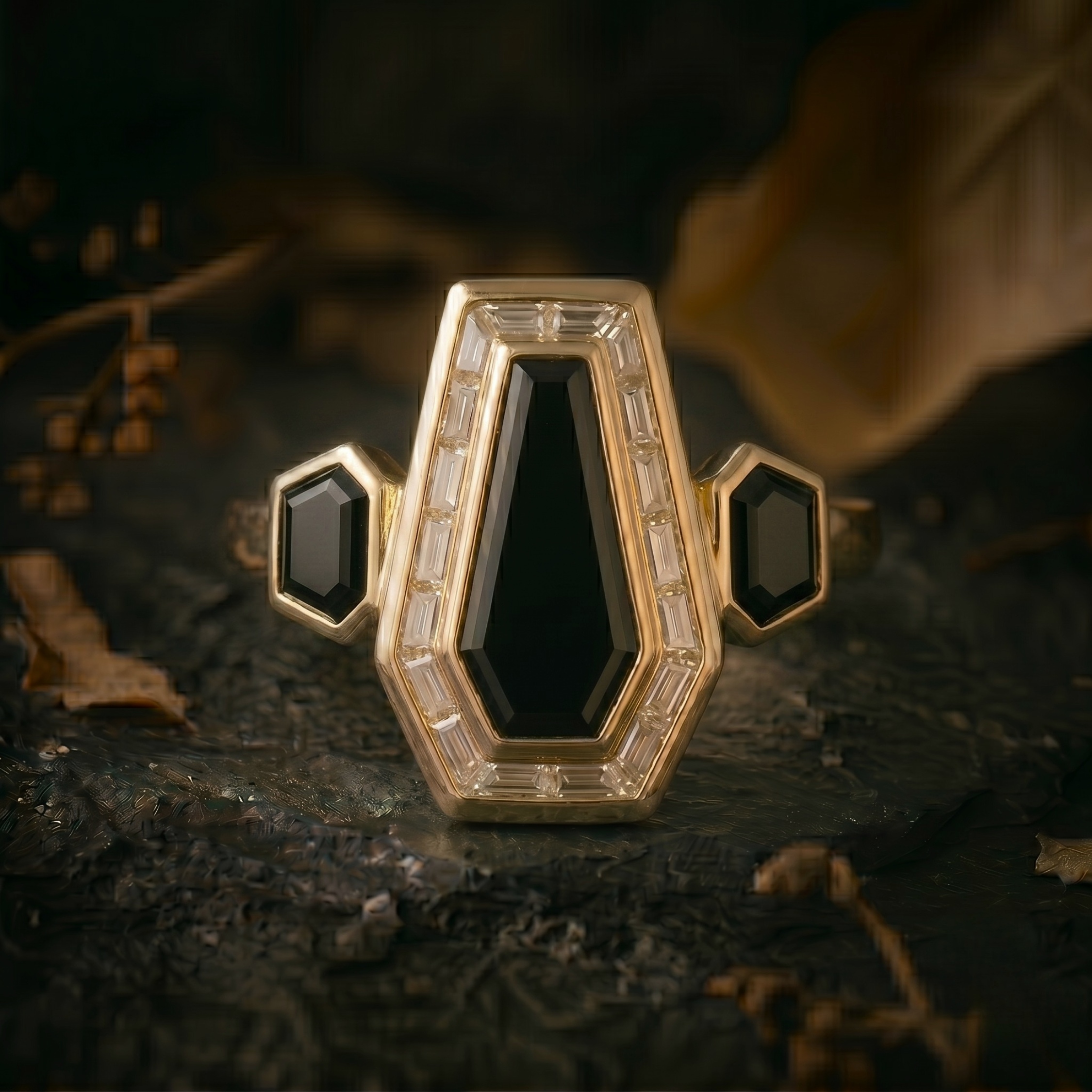 Vintage Art Deco Coffin Cut Black Onyx & Moissanite Cluster Ring, Unique Promise Statement Jewelry, 14K Gold Black Jewelry, Anniversary Gift