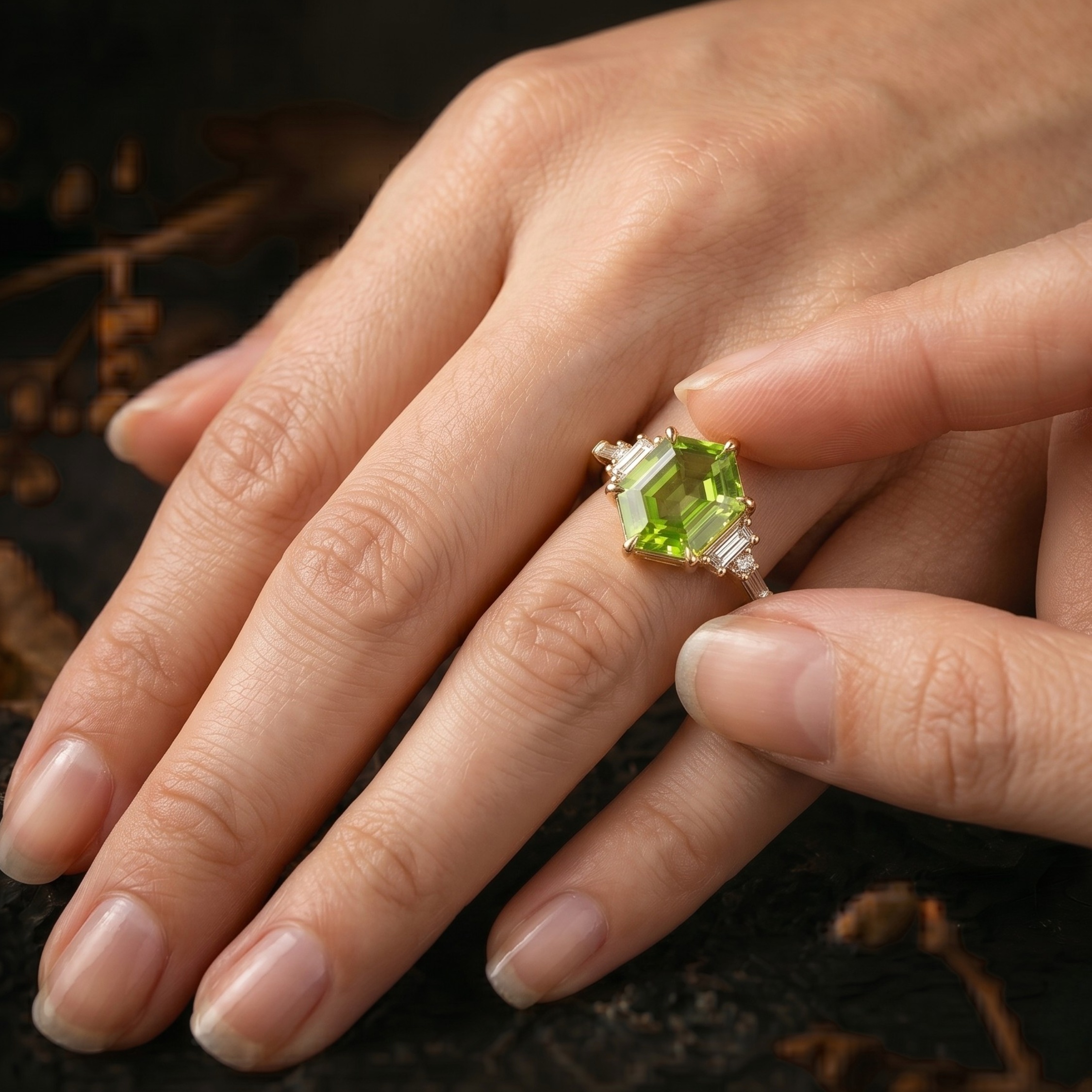 Hexagon Cut Peridot Moissanite Solitaire Engagement Ring, Moissanite Wedding Band, August Birthstone 14k Gold Art Deco Green Gemstone Gift