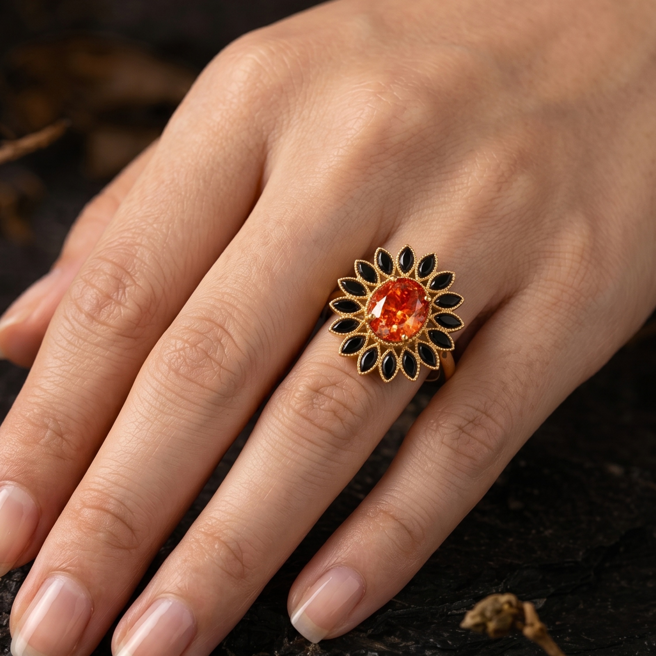 Vintage Oval Sunstone Onyx Flower Ring, Floral Halo Gold Engagement Ring, Black Onyx Spring Summer Trend June Birthstone Boho Gift For Women