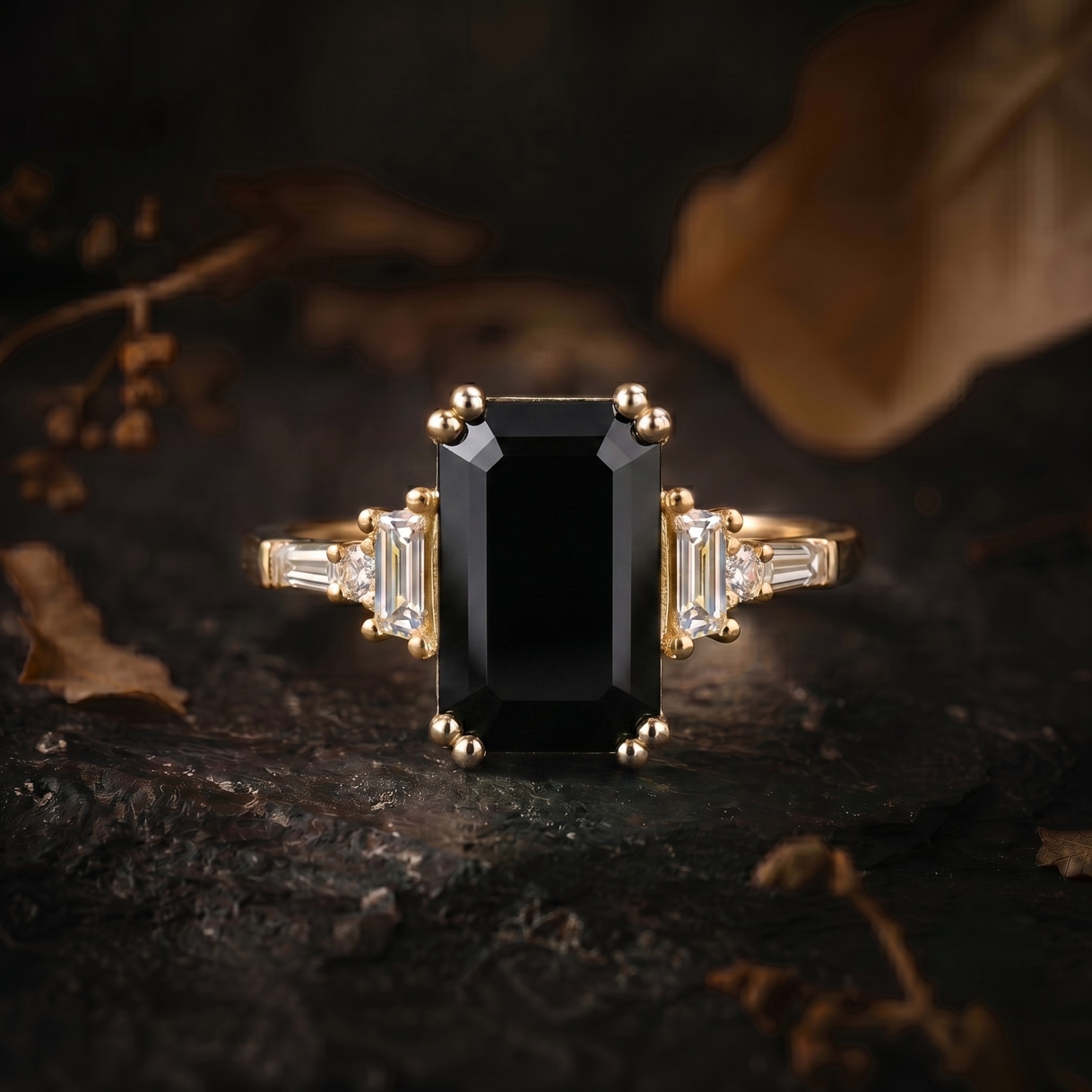 Genuine Emerald Cut Onyx Moissanite Ring, 14K December Birthstone Jewelry, Black Gemstone Engagement Ring, Anniversary Birthday gift for her