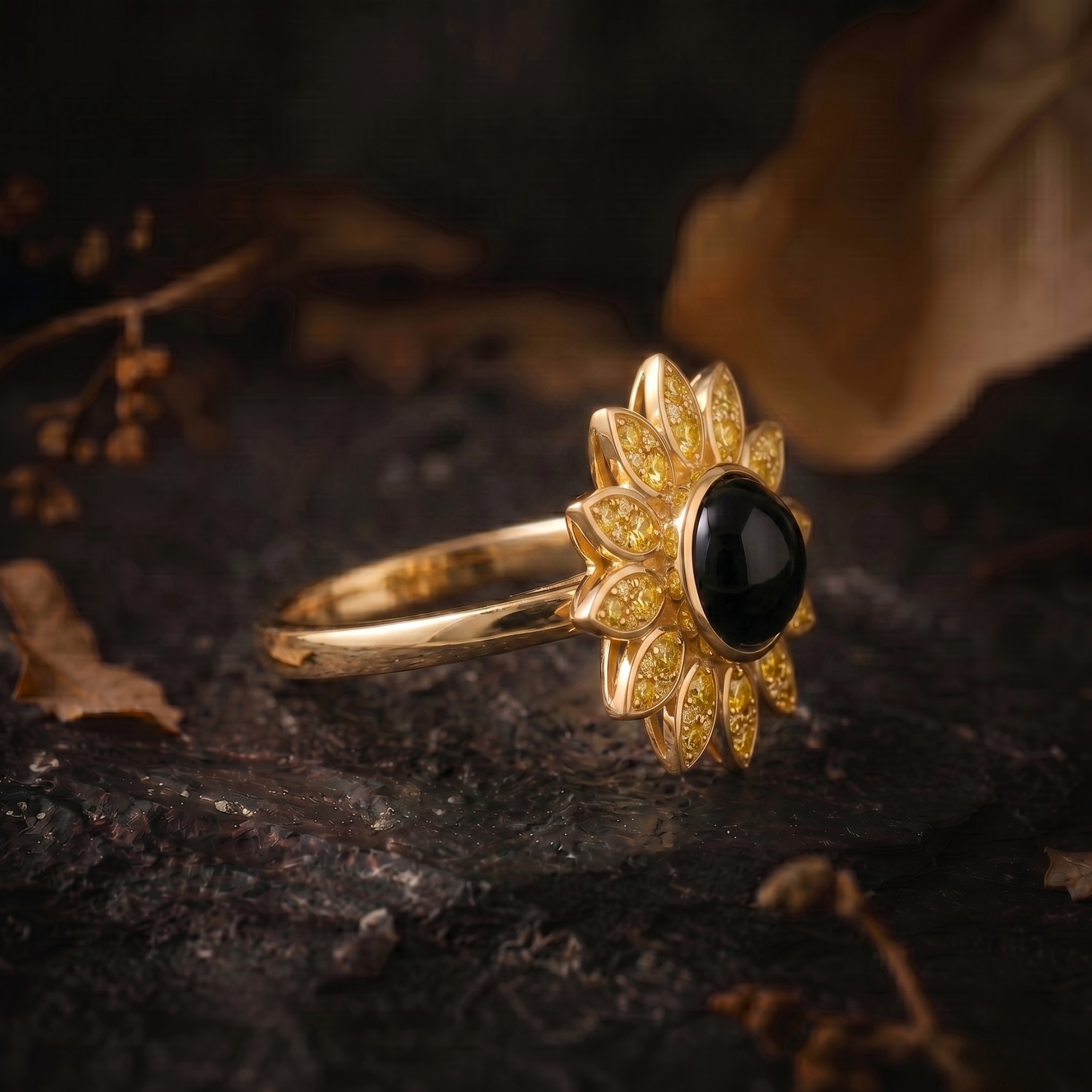 Vintage Black Onyx Diamond Flower Gold Ring, Sunflower Inspired Boho Statement Jewelry, Yellow Diamond Floral Halo Spring Summer Trend Ring