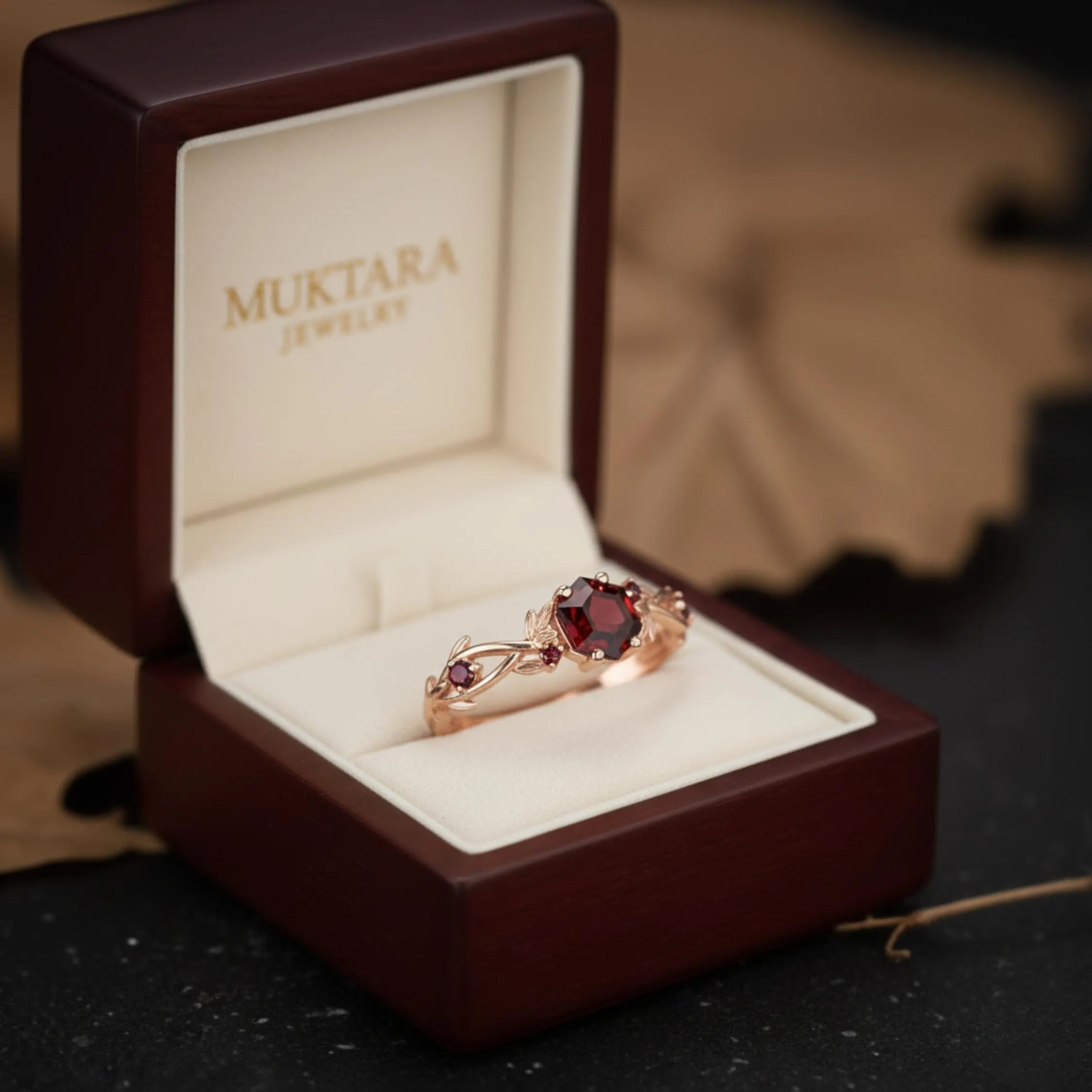 Hexagon Cut Garnet Engagement Ring, Nature Inspired Unique Fairytale Gold Wedding Ring, Green Tree Leaf Branch Twist Ring, Anniversary Gift