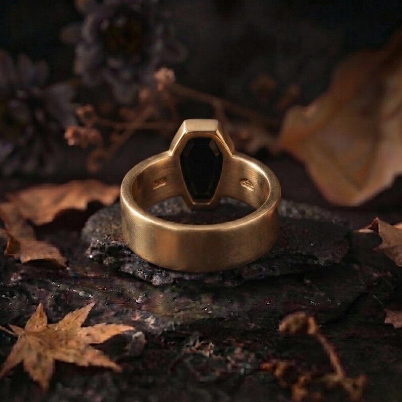 Vintage Art Deco Coffin Cut Black Onyx Engagement Ring, Unique Promise Statement Wedding Jewelry, Black Gemstone Wide Band Anniversary Gift