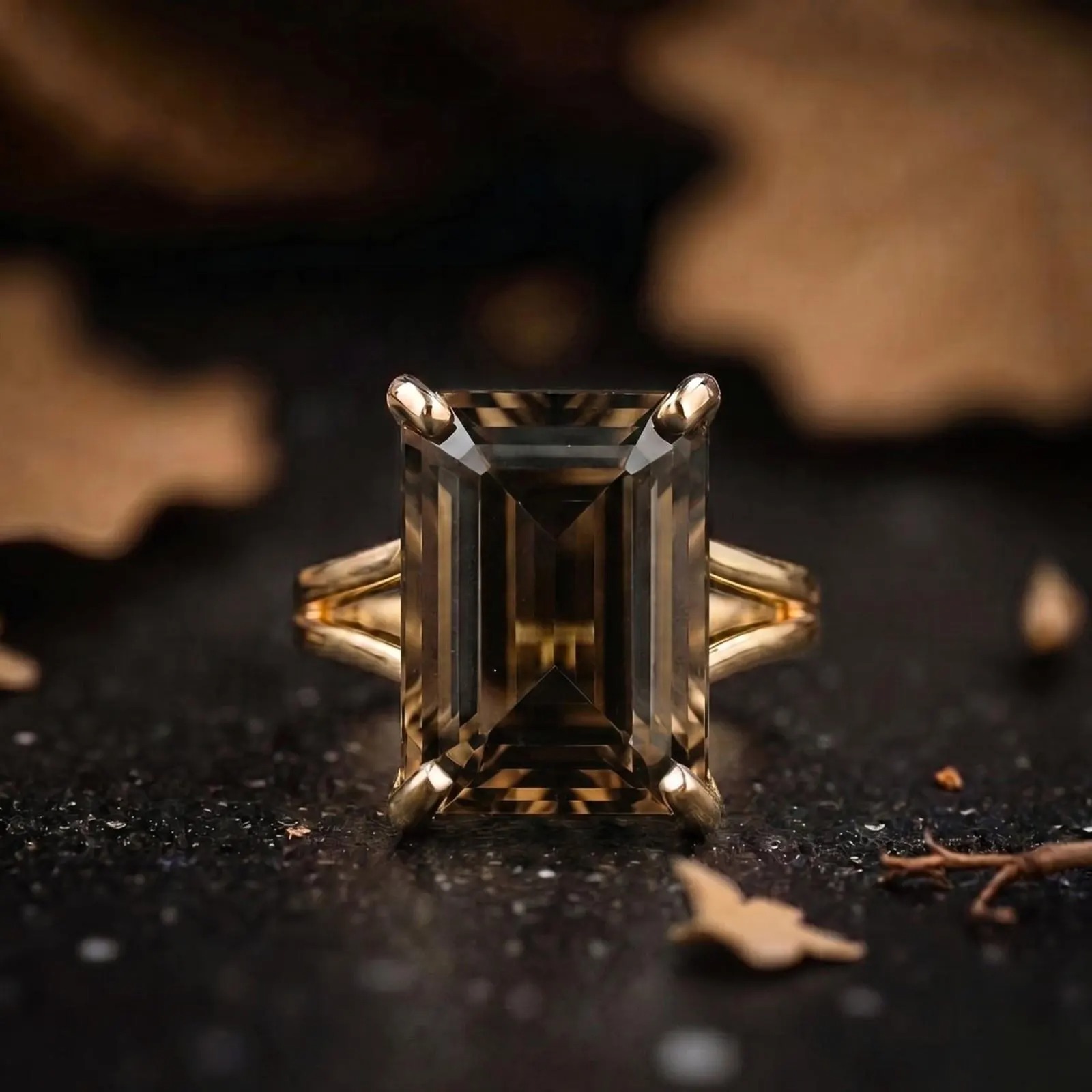 Vintage Art Deco Emerald Cut Large Brown Smokey Quartz Cluster Ring/Gold Promise Statement Jewelry/Brown Gemstone Anniversary Gift For Women