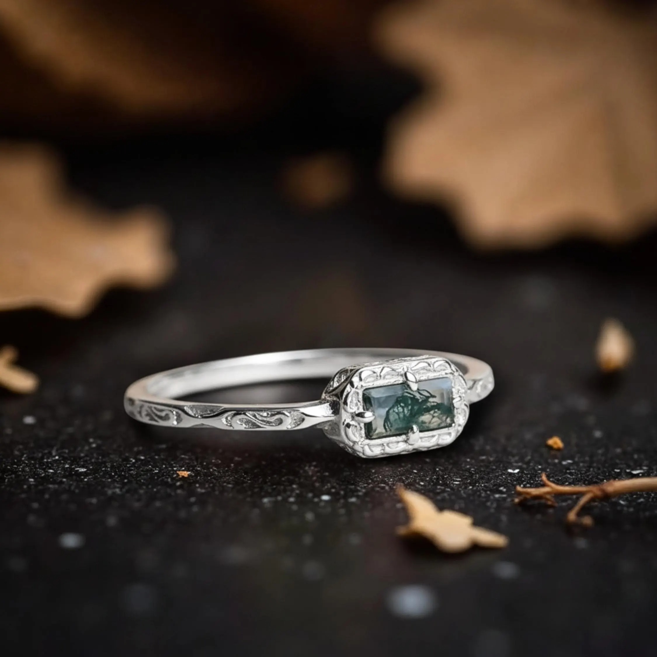 Natural Baguette Shaped Moss Agate Engagement Ring, Nature Inspired Yellow Gold Art Deco Unique Promise Ring, Anniversary Gift for Her