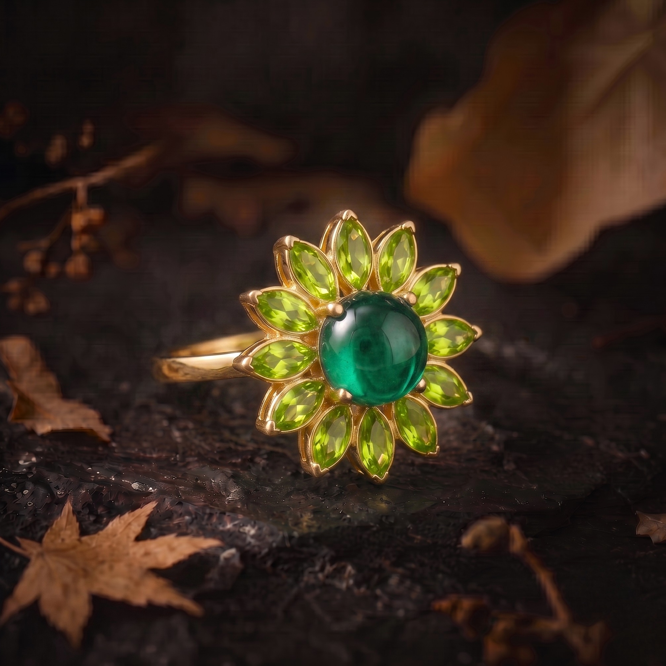 Vintage Art Deco Green Emerald Peridot Flower Halo Engagement Ring, Handmade Nature Inspired Women Jewelry, Fine Green Stone Gift For Women