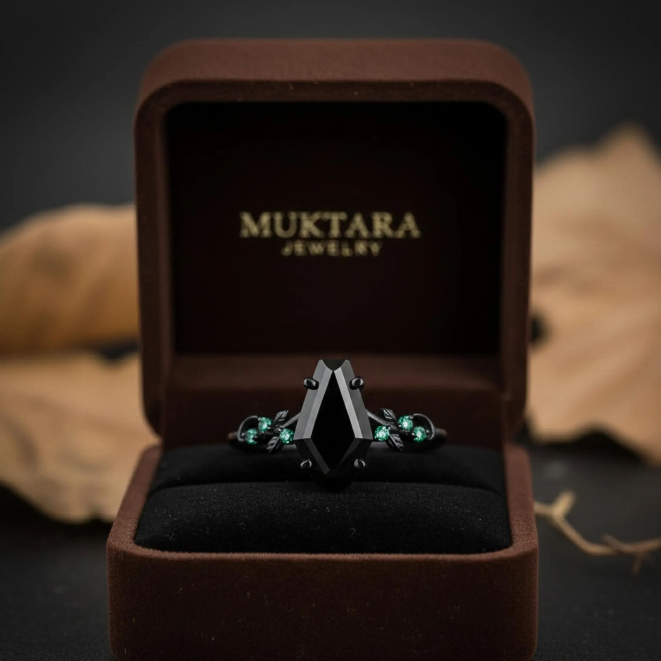 Vintage Coffin Cut Black Onyx Nature Inspired Engagement Ring, Unique Handmade Art deco Black Gold Leaf Design Emerald Wedding Promise Ring