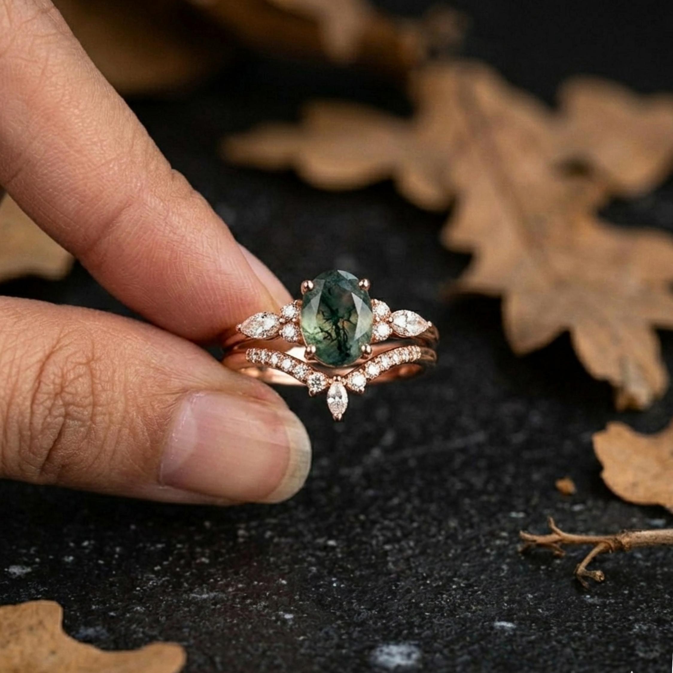 Vintage Oval Cut Green Moss Agate Engagement Ring 14k Rose Gold Art Deco Cluster Moissanite Anniversary Wedding Ring Set Bridal Jewelry Set