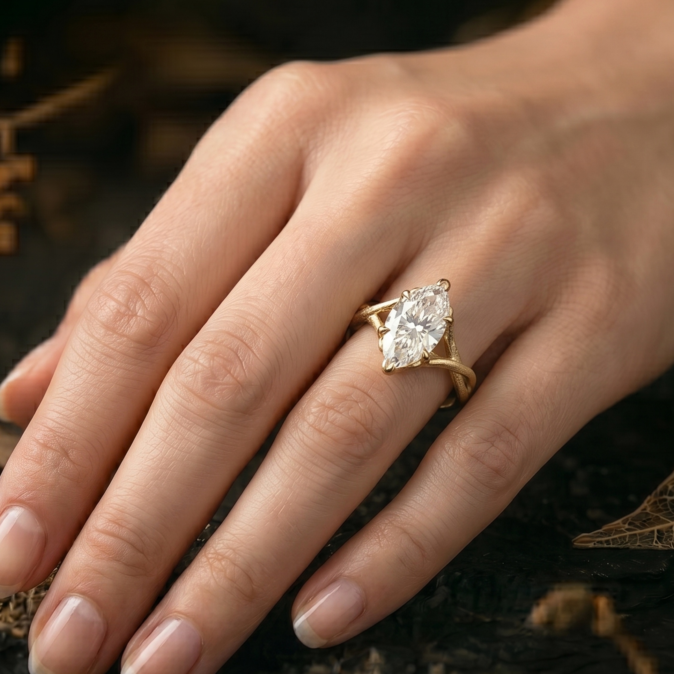 Vintage Marquise Cut Moissanite Engagement Ring, Delicate 14k Solid Gold Women's Twisted Band Diamond Wedding Ring, Anniversary Gift For Her