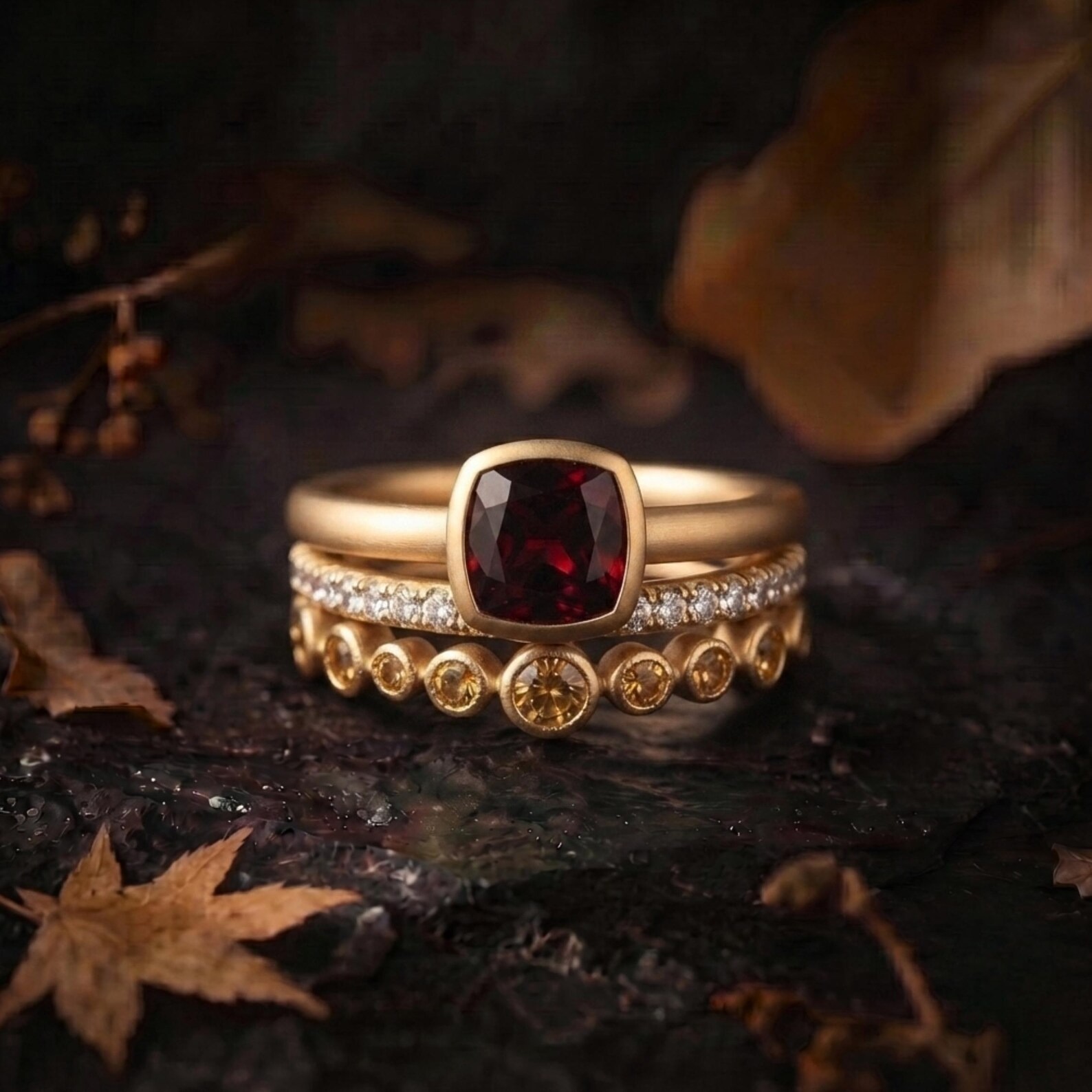 Vintage Cushion Cut Garnet Moissanite Engagement Ring Set, Red Garnet Citrine Wedding Bridal Ring Set, 3 Set Promise Ring Set Gift For Women
