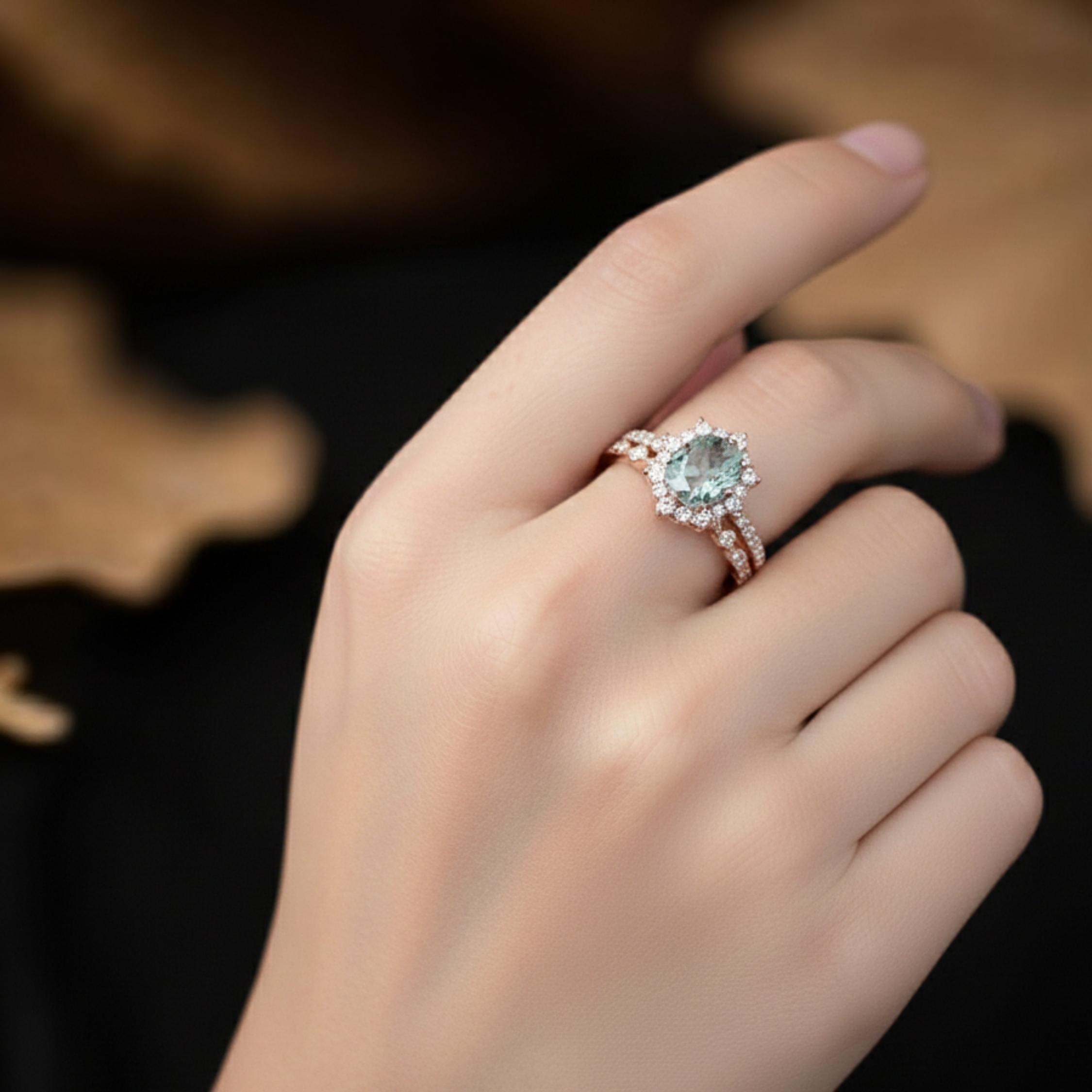 Vintage Moss Agate Halo Engagement Ring Set, Unique Oval Cut Mossy Agate Rose Gold Wedding Set Green Agate Bridal Gift Set Anniversary Ring