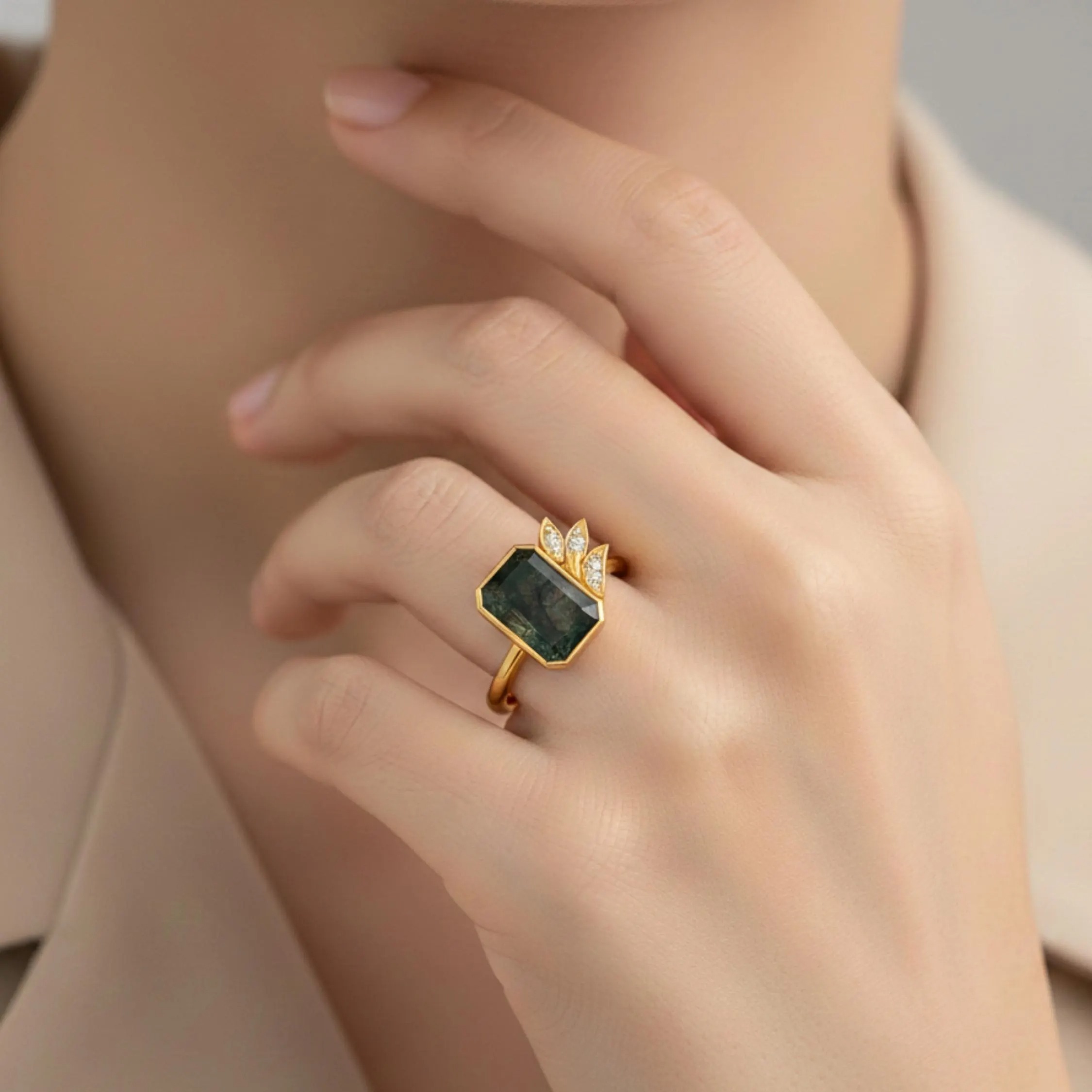 Natural Emerald Cut Moss Agate Engagement Ring, Green Gemstone Delicate Stacking Ring, Moissanite Promise Ring for Women By Muktara Jewelry