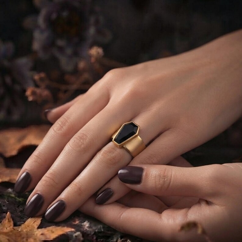 Vintage Art Deco Coffin Cut Black Onyx Engagement Ring, Unique Promise Statement Wedding Jewelry, Black Gemstone Wide Band Anniversary Gift