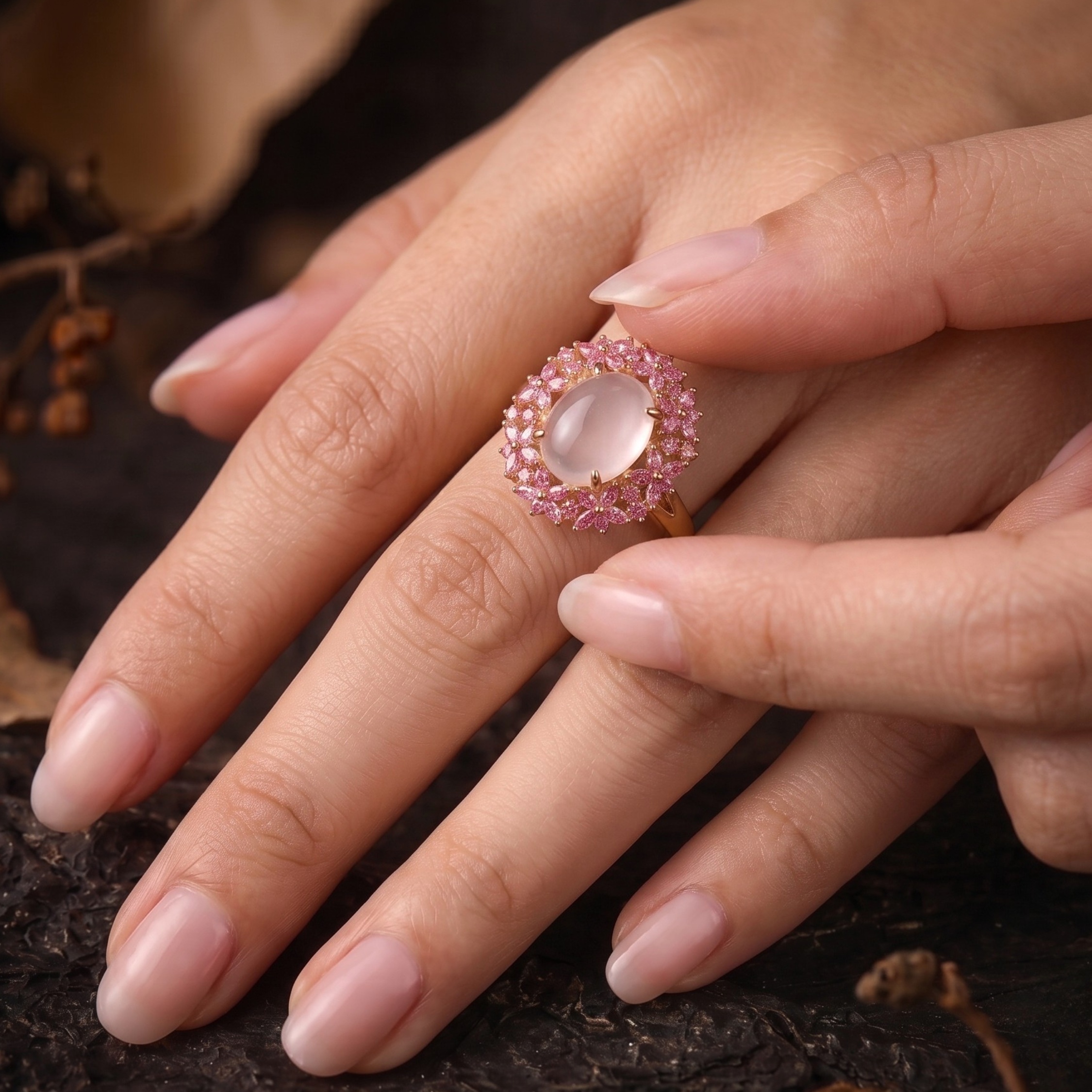Unique Marquise Cut Flower Pink Sapphire Engagement Ring, Rose Quartz Floral Twist Promise Ring, Pink Gemstone, Leaf Design Nature Ring Gift
