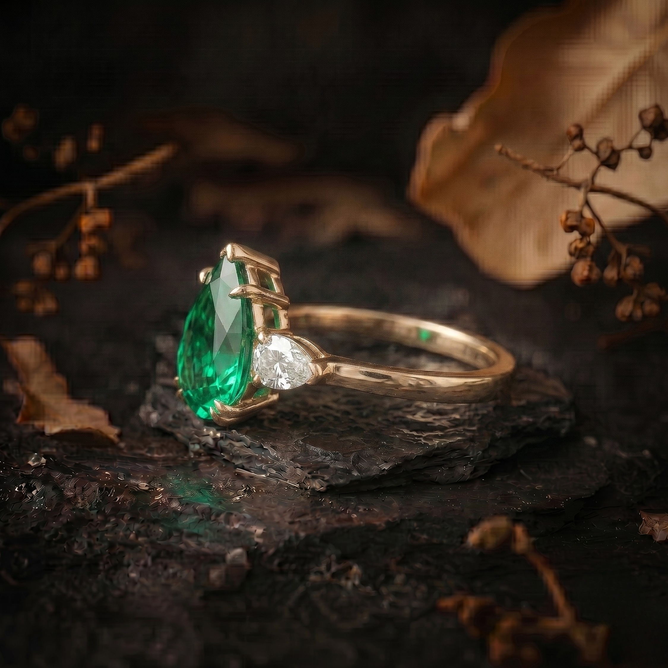Genuine Emerald Pear Cut Engagement Ring, 14k Gold Halo Diamond Ring, Delicate Green Gemstone Promise Anniversary Birthday Gift for Women