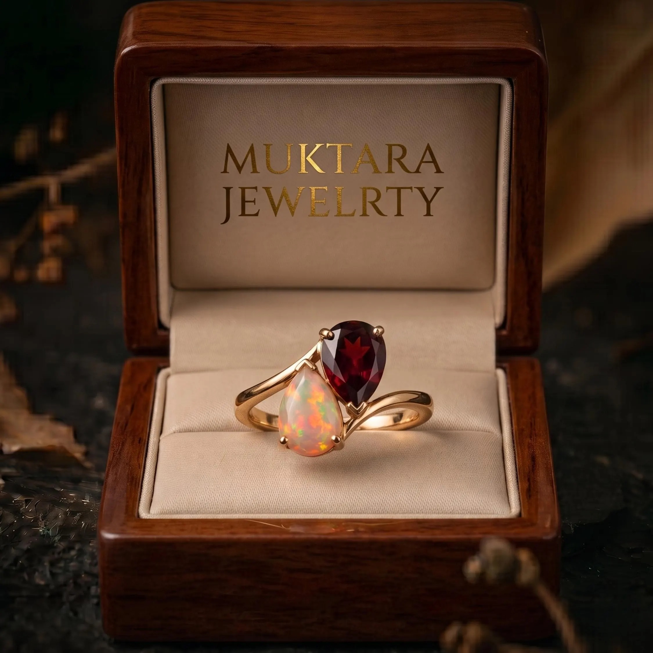 Unique Pear Cut Garnet and Opal Ring, 14k Yellow Gold Toi Et Moi Two Stone Ring, Vintage Opal Garnet Promise Statement Ring, Gift for Women