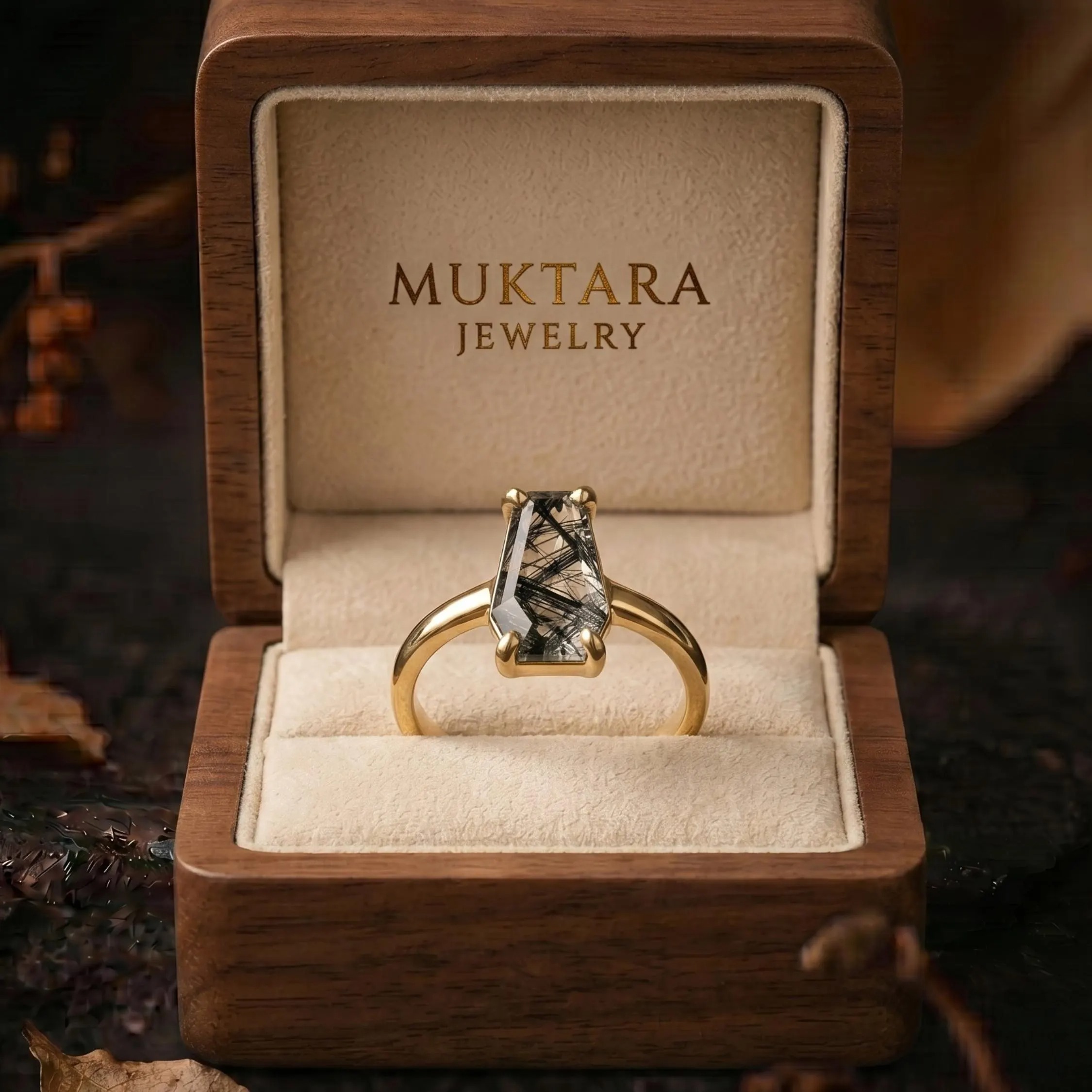 Vintage Coffin Cut Black Rutile Quartz Engagement Ring, Unique Handmade Art deco Gold Wedding Ring Bridal Promise Ring Birthday Gift For Her