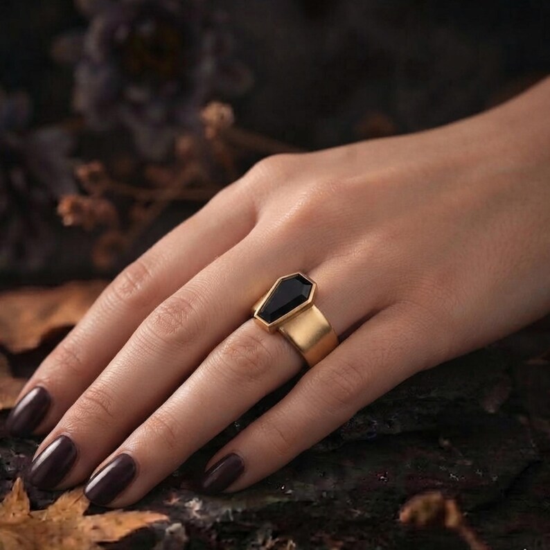 Vintage Art Deco Coffin Cut Black Onyx Engagement Ring, Unique Promise Statement Wedding Jewelry, Black Gemstone Wide Band Anniversary Gift
