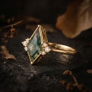 Unique Kite Cut Green Moss Agate Engagement Ring, 14k Yellow Gold Moissanite Cluster Ring For Women Vintage Bridal Wedding Ring Gift For Her