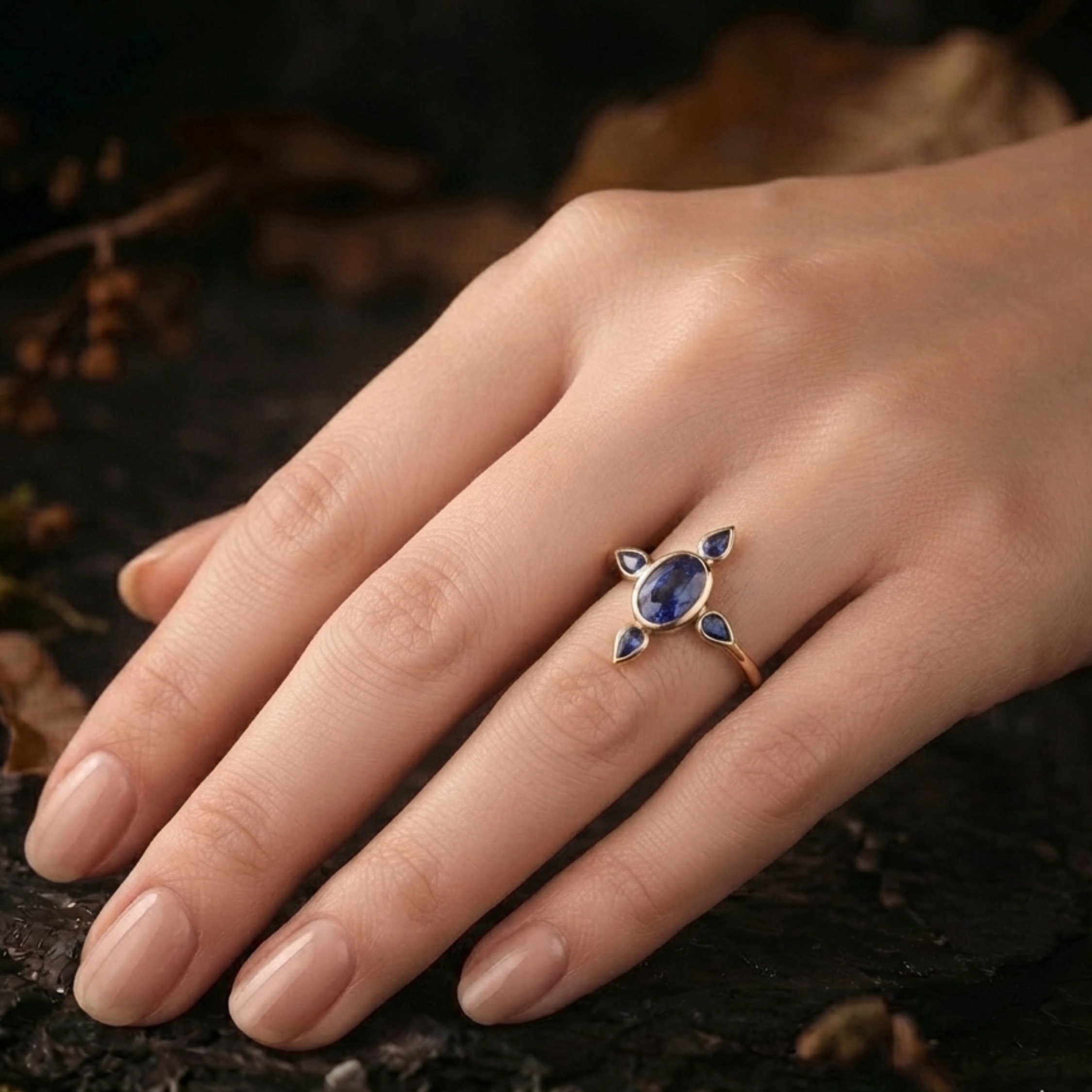 Genuine Blue Sapphire Engagement Ring/ 14k Gold Sapphire Halo Cluster Oval Ring/September Birthstone Gift/Promise Bridal Ring/Gift for Women