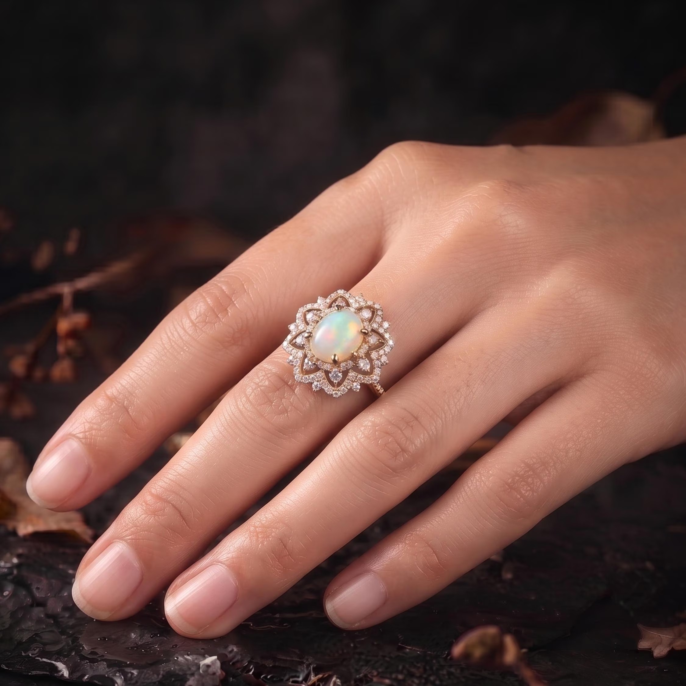 Unique Oval Cut White Opal Moissanite Engagement Ring, 14k White Opal Promise Wedding Ring for Women, Oval Opal Nature Inspired Ring Gift