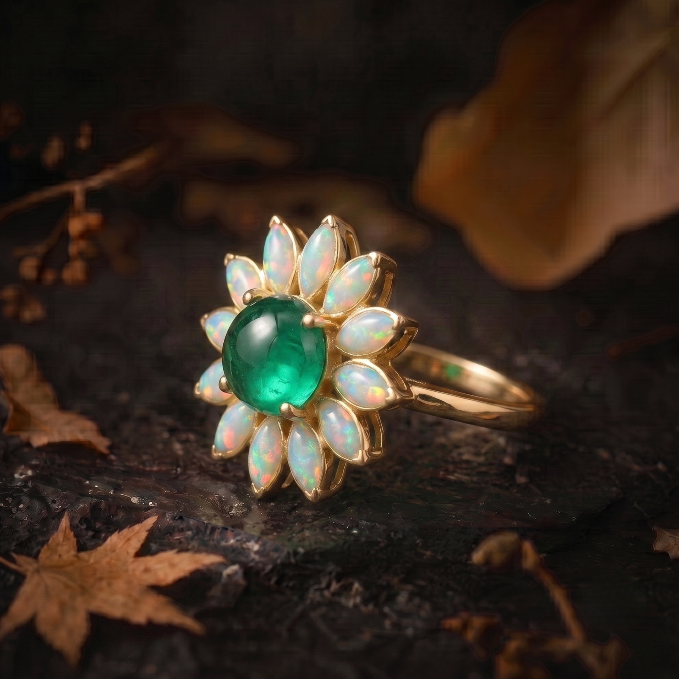 Vintage Garnet Opal Wedding Ring, Nature Inspired Floral Cluster Ring for Her October Birthstone Gift, 14K Gold Emerald Jewelry Gift For Her