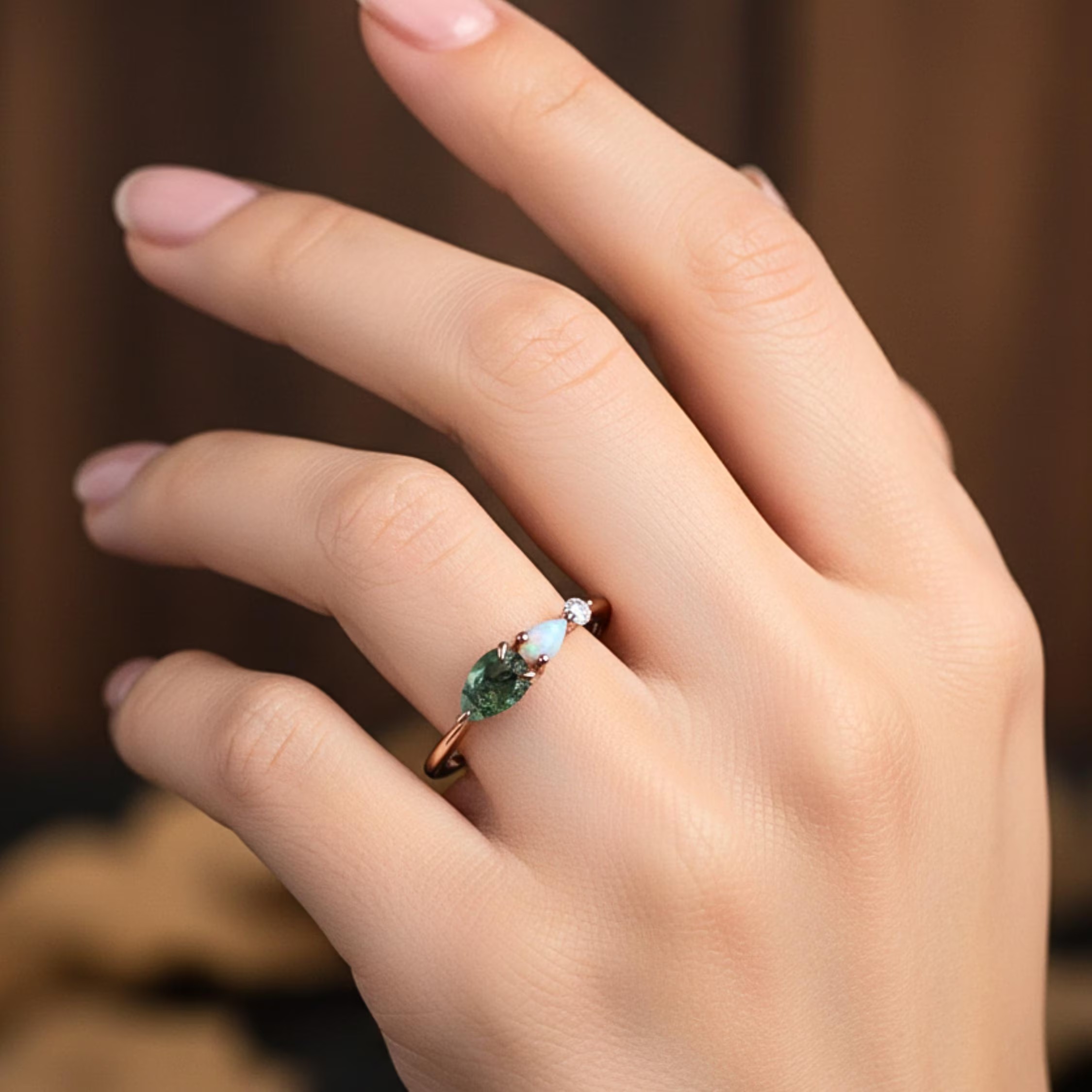 Vintage Pear Cut Moss Agate Opal Engagement Ring Art Deco Moissanite Wedding Band 3 Stone Ring Unique Women Bridal Promise Ring Gift For Her