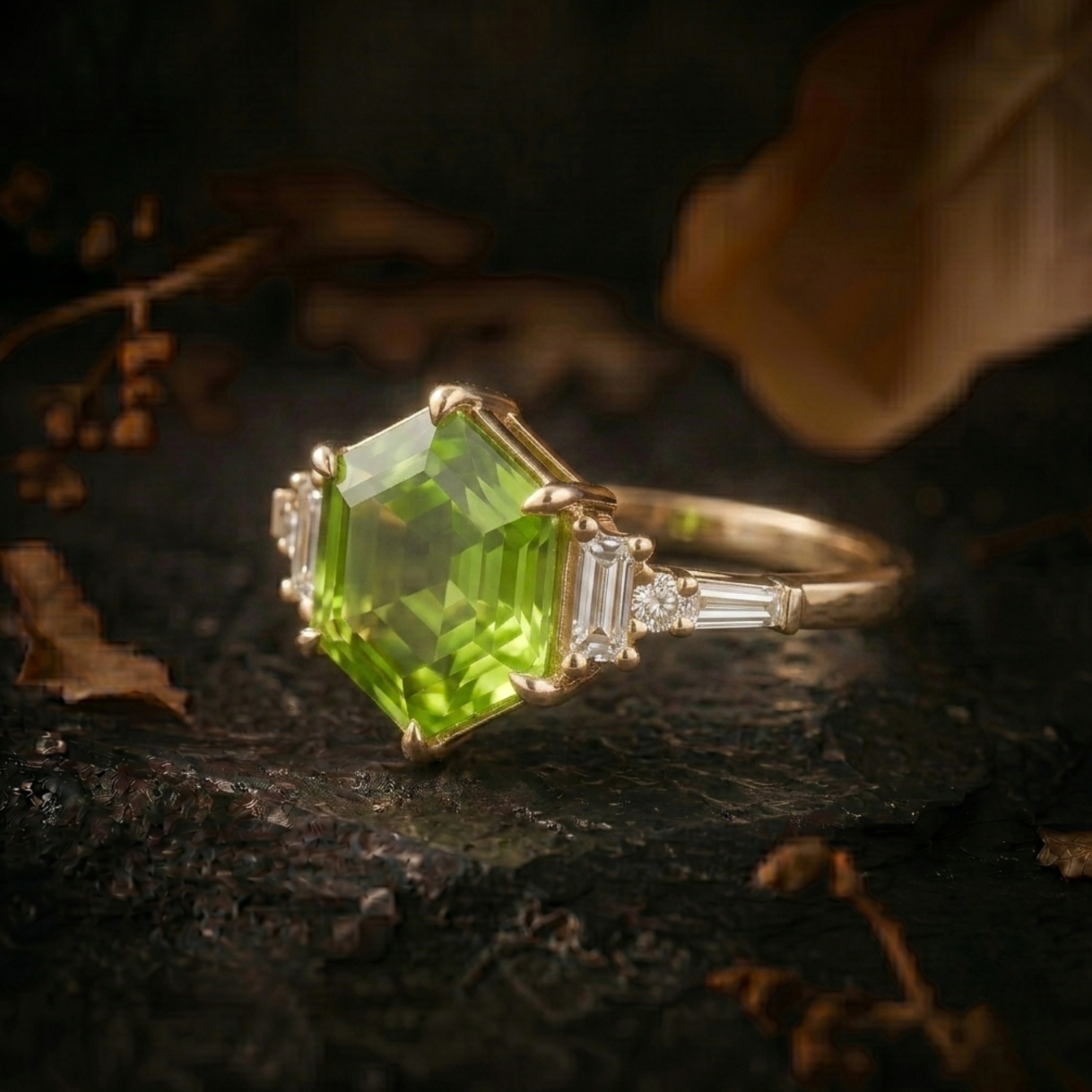 Hexagon Cut Peridot Moissanite Solitaire Engagement Ring, Moissanite Wedding Band, August Birthstone 14k Gold Art Deco Green Gemstone Gift