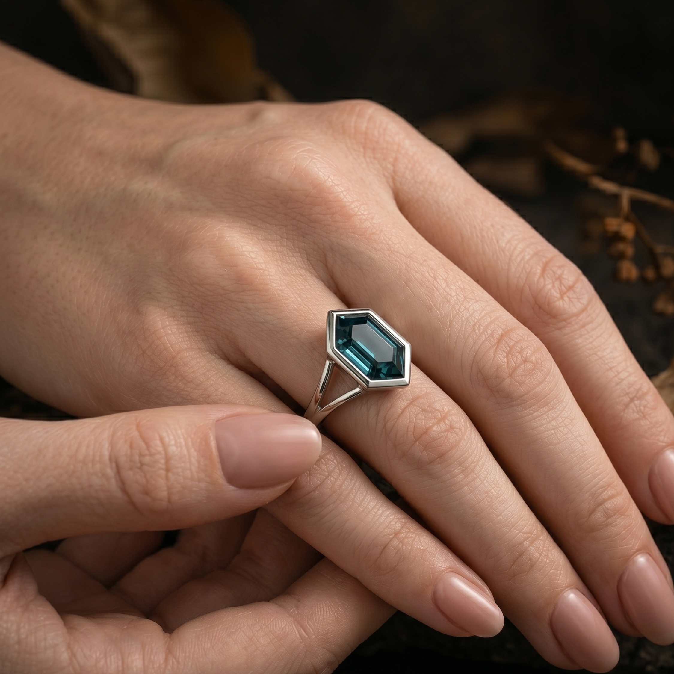 Unique Vintage Bezel Setting Teal Sapphire Ring, Sterling Silver Hexagon Cut Double Band Engagement Promise Ring, Anniversary Gifts For Her