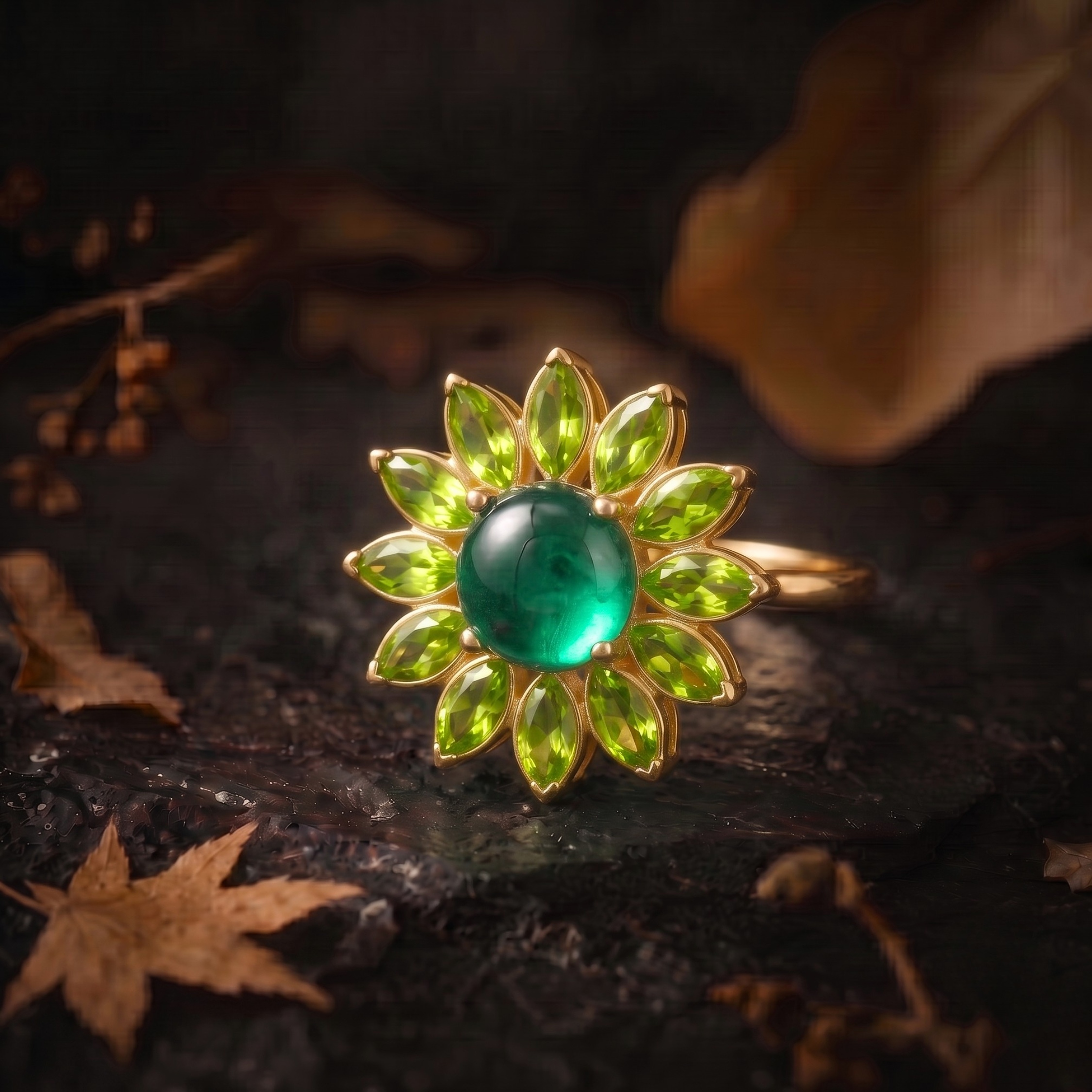 Vintage Art Deco Green Emerald Peridot Flower Halo Engagement Ring, Handmade Nature Inspired Women Jewelry, Fine Green Stone Gift For Women