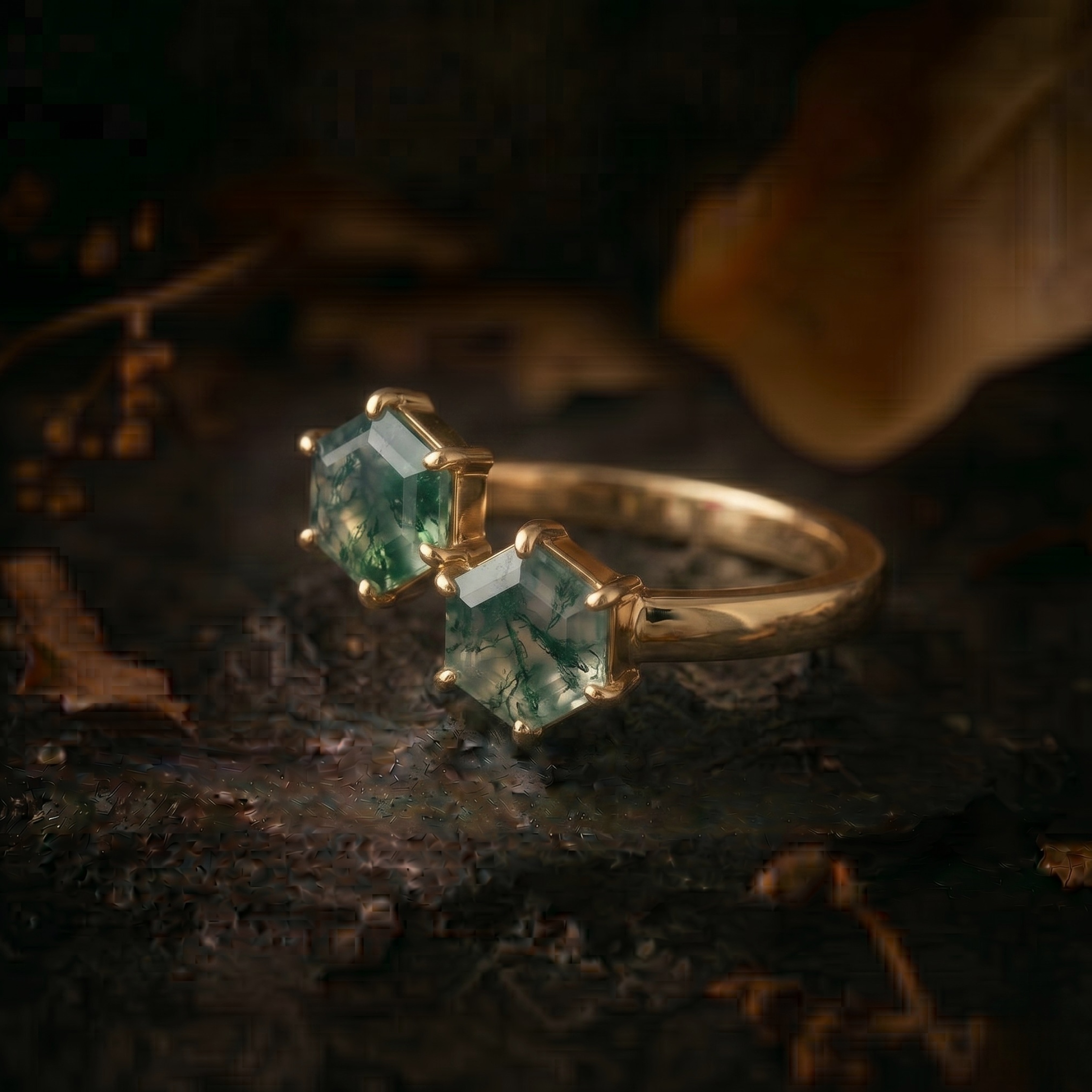 Unique Double Hexagon Cut Green Moss Agate Ring/Vintage Bezel Set Bridal Jewelry/Promise Engagement Ring/ Anniversary Birthday gift for her