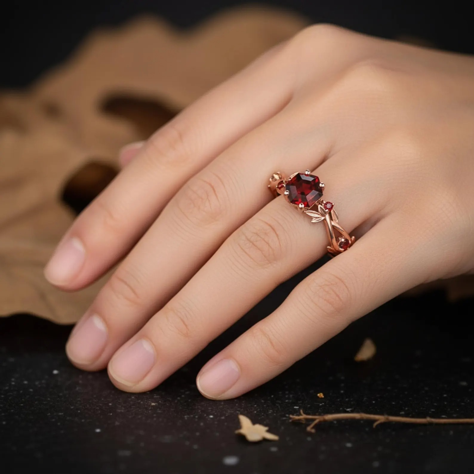 Hexagon Cut Garnet Engagement Ring, Nature Inspired Unique Fairytale Gold Wedding Ring, Green Tree Leaf Branch Twist Ring, Anniversary Gift