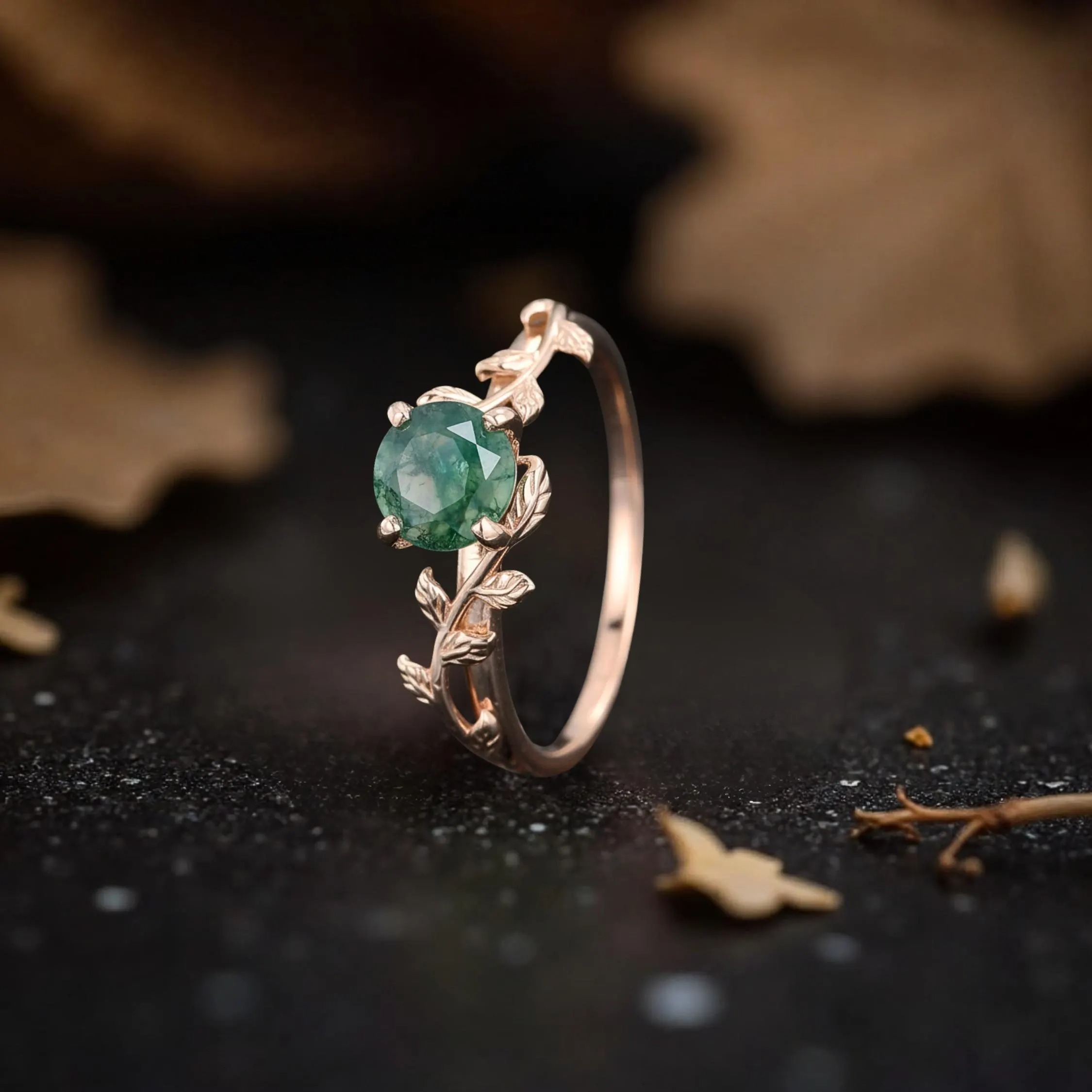 Nature Inspired Round Cut Moss Agate Engagement Ring, Unique Ivy Ring, Vine Solitaire Promise Ring, Green Gemstone Anniversary Gift Ring